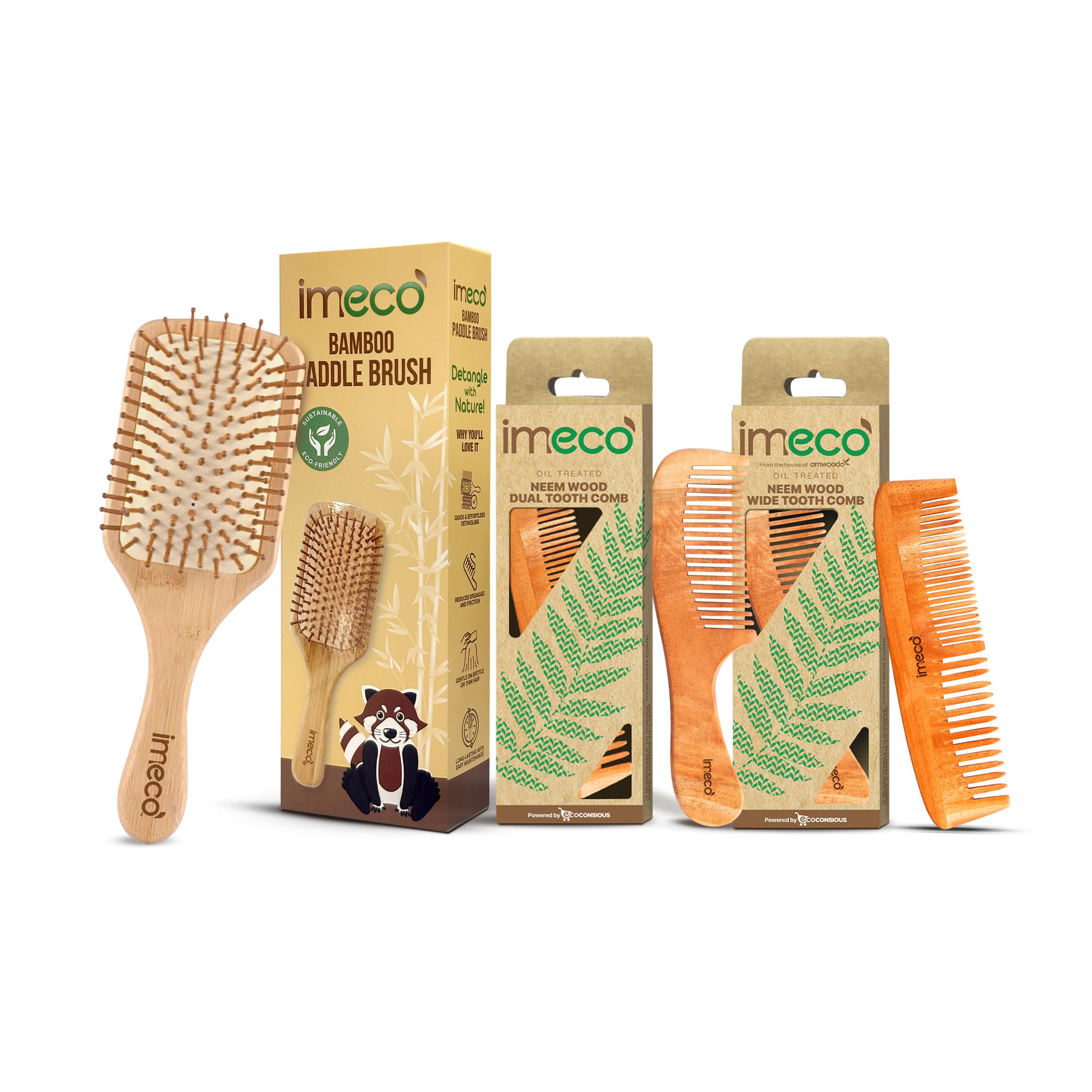 Imeco Neem Wood Comb (Pack Of 2) & Bamboo Paddle Hair Brush Combo | 17-Herb Oil Treated | Anti-Static, Hair Growth, Frizz & Dand