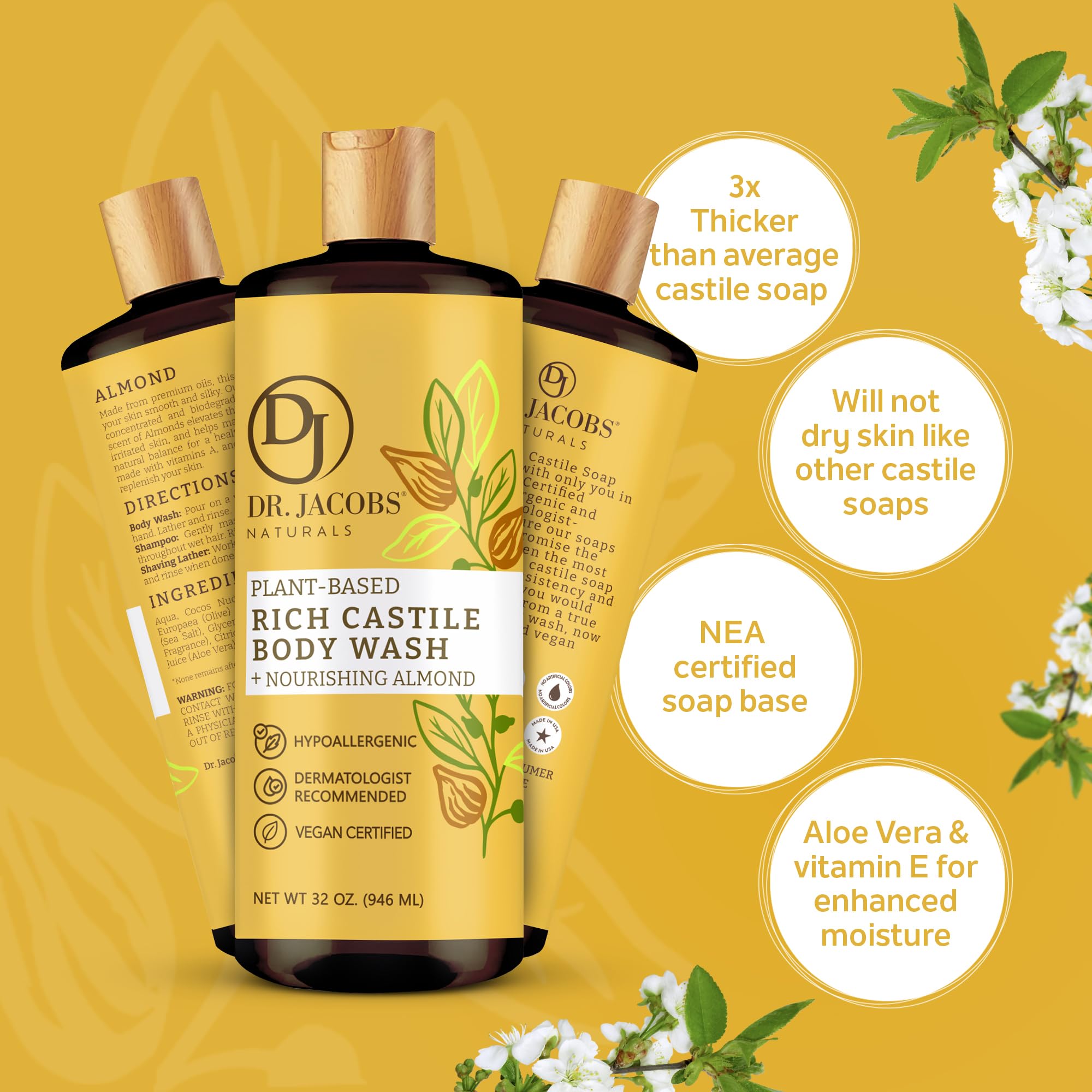 Dr Jacobs Naturals Pure Castile Liquid Soap Gel - Moisturizing (Almond Honey, 32 Oz 3-Pack) Made With Premium Organic Oils - Veg