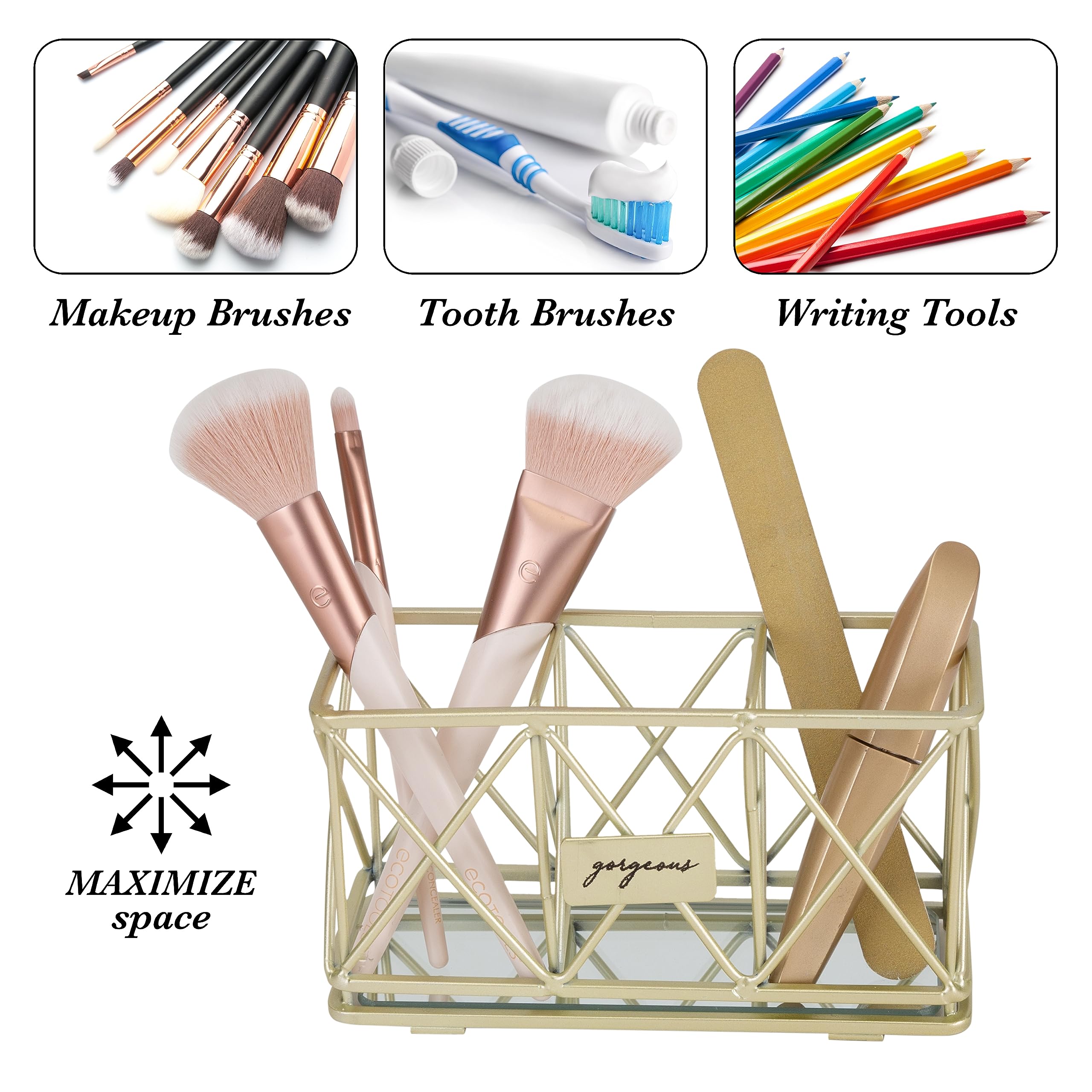Home Details 3 Compartment Cosmetic Brush Holder | Make Up Pencil | Vanity Organizer | Bathroom | Dresser | Office | Mirror Base