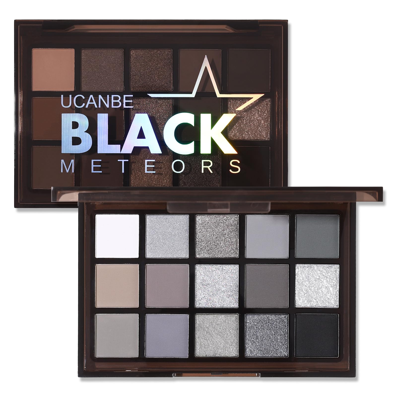 UCANBE Smokey Black Eyeshadow Palette, 15 Colors Dark Shimmer Matte Metallic Makeup Pallet, High Pigmented Gray Silver Sombras D