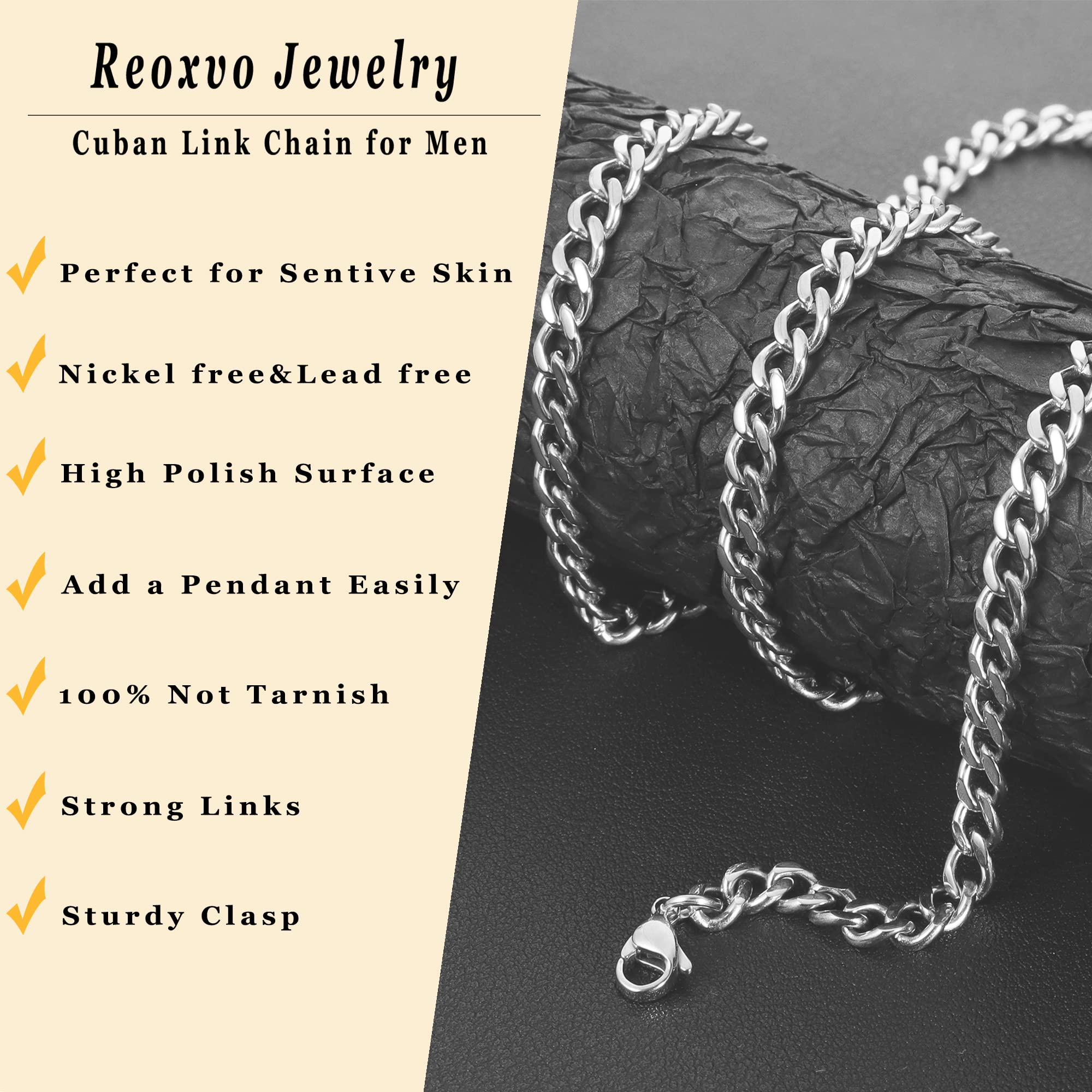 Reoxvo Silver Long Chain for Men, Silver Necklaces Mens Stainless Steel Cuban Link Chain Necklace for Men 5 mm Neck Chains Penda