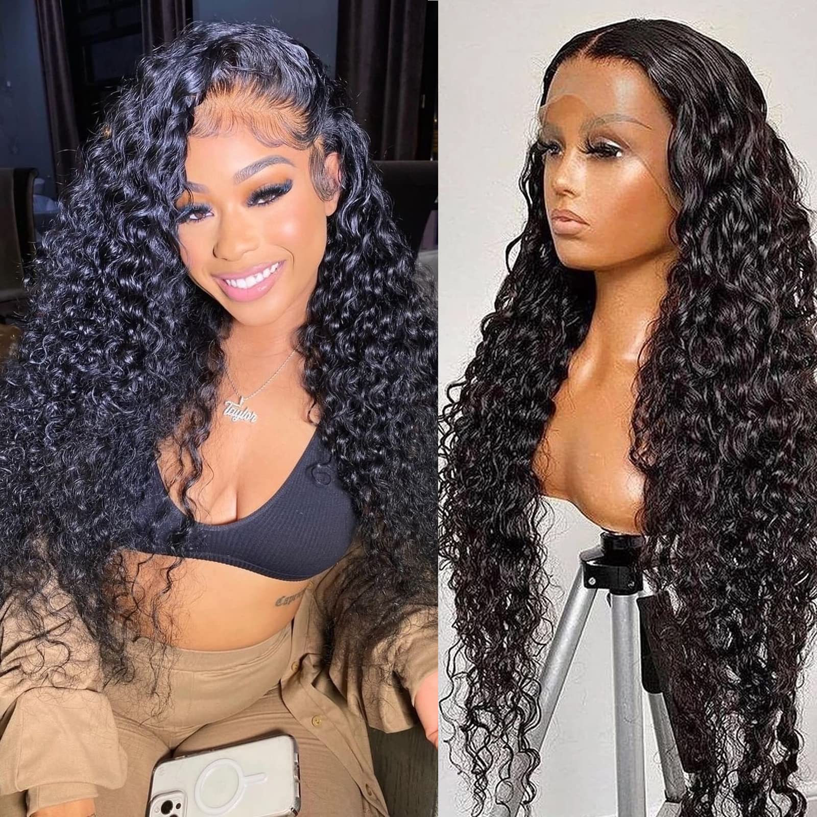 Snjon 13X6 Hd Transparent Lace Front Wigs Human Hair 180 Density Curly Lace Front Wigs Water Wave Wigs For Black Women Wet And W