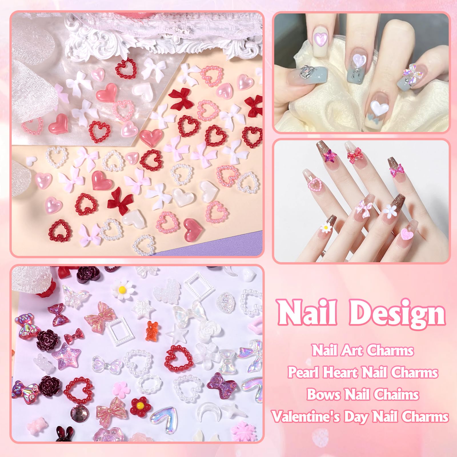 2 Boxes Mixed 3D Nail Charms And Gems, Red Pink Bows Flowers Acrylic Nail Charms Pearl Heart Nail Art Charms, Bows Heart Nail Ch