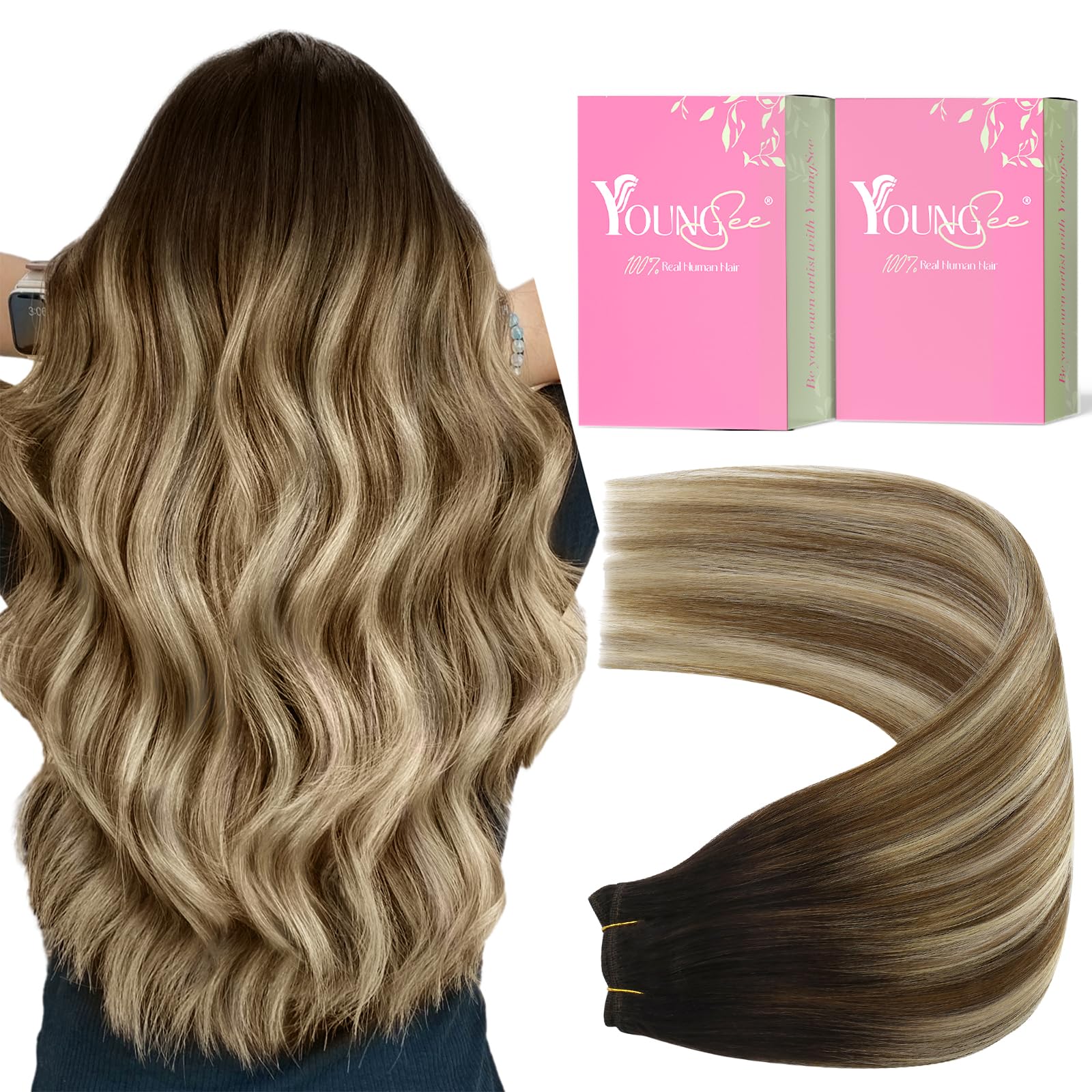 YoungSee Sew in Hair Extensions Real Human Hair Brown Balayage Weft in Extensions Darkest Brown to Brown with Blonde Rooted Brow