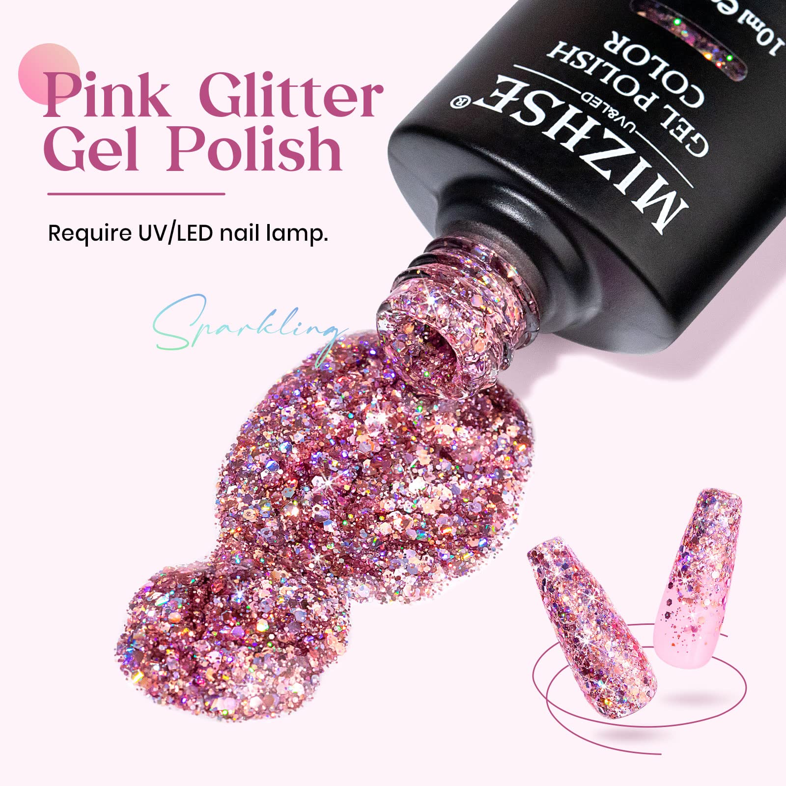 Mizhse Glitter Gel Nail Polish Pink Sparkly Diamond Holographic Effect Soak Off Uv Led Nail Gel Polish Chunky Gel Home Diy Nail