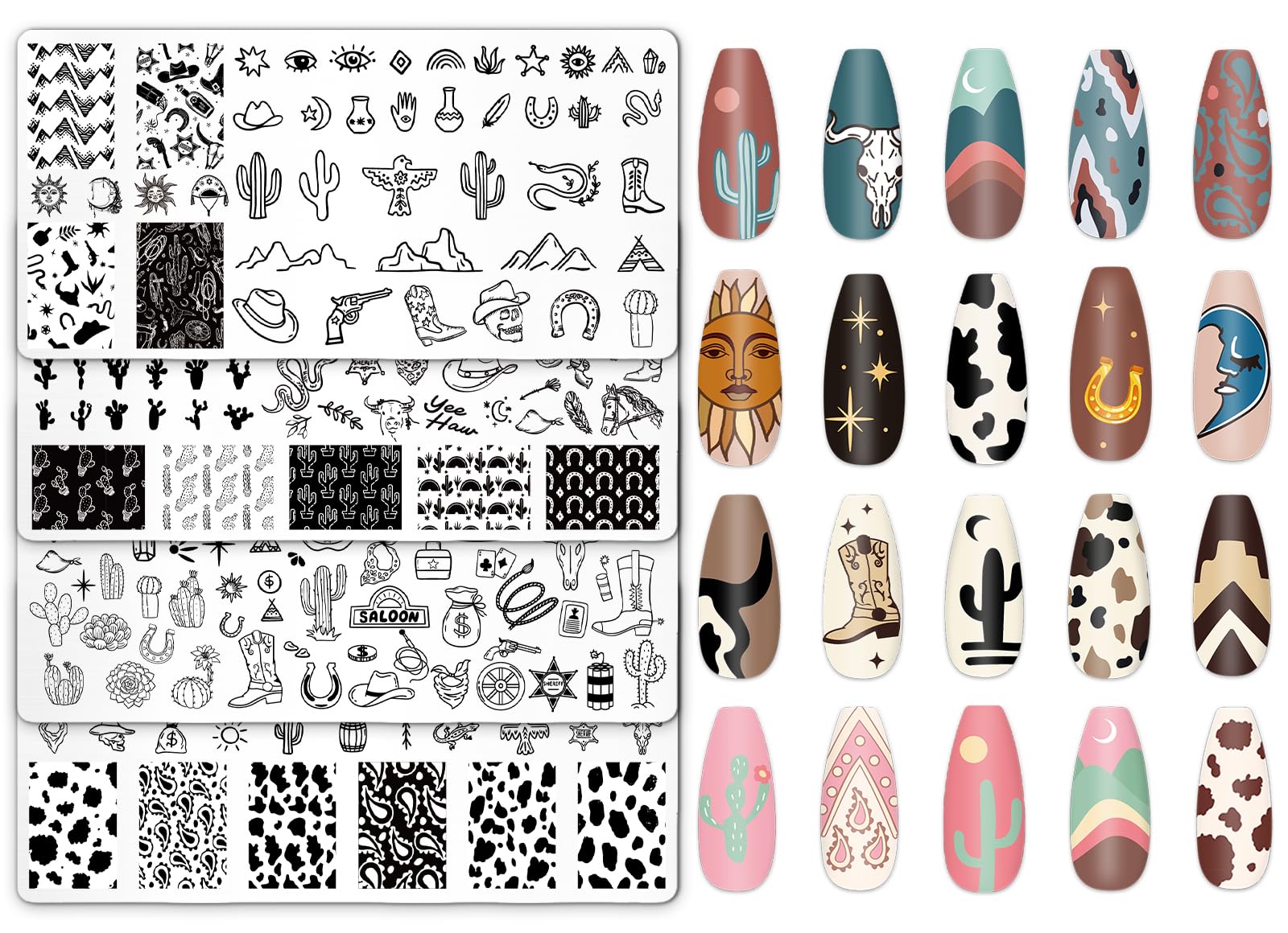 JarThenaAMCS 4Pcs Western Nail Plates Stamping Set Cowboy Cowgirl Stamp Templates Nail Art Plates for DIY Print Manicure Salon D