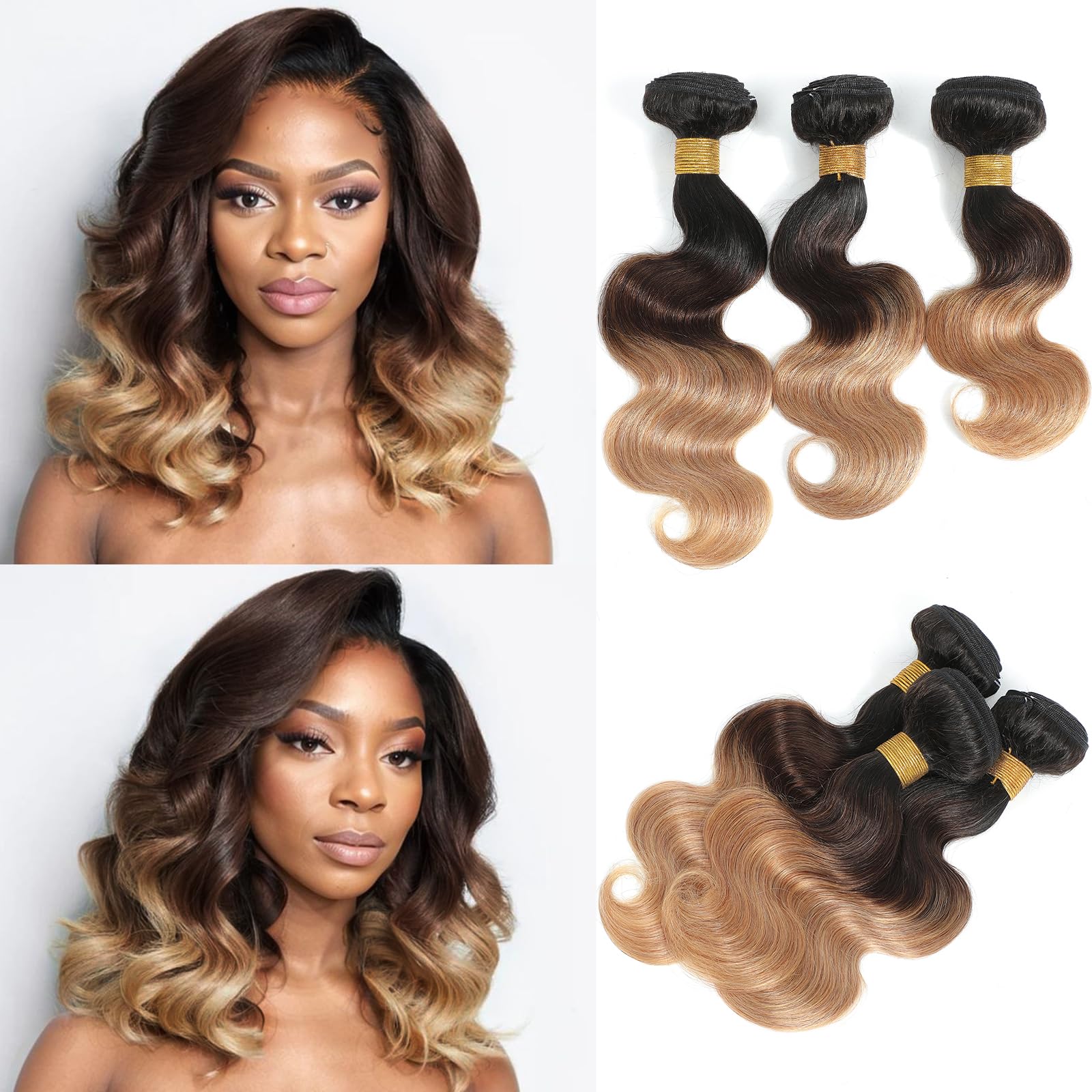 Kapelli Hair 10A Ombre Human Hair Bundles Ombre Brazilian Hair Body Wave (T1B/4/27,16'' 18'' 20'' 22'') Ombre Brazilian Human Ha