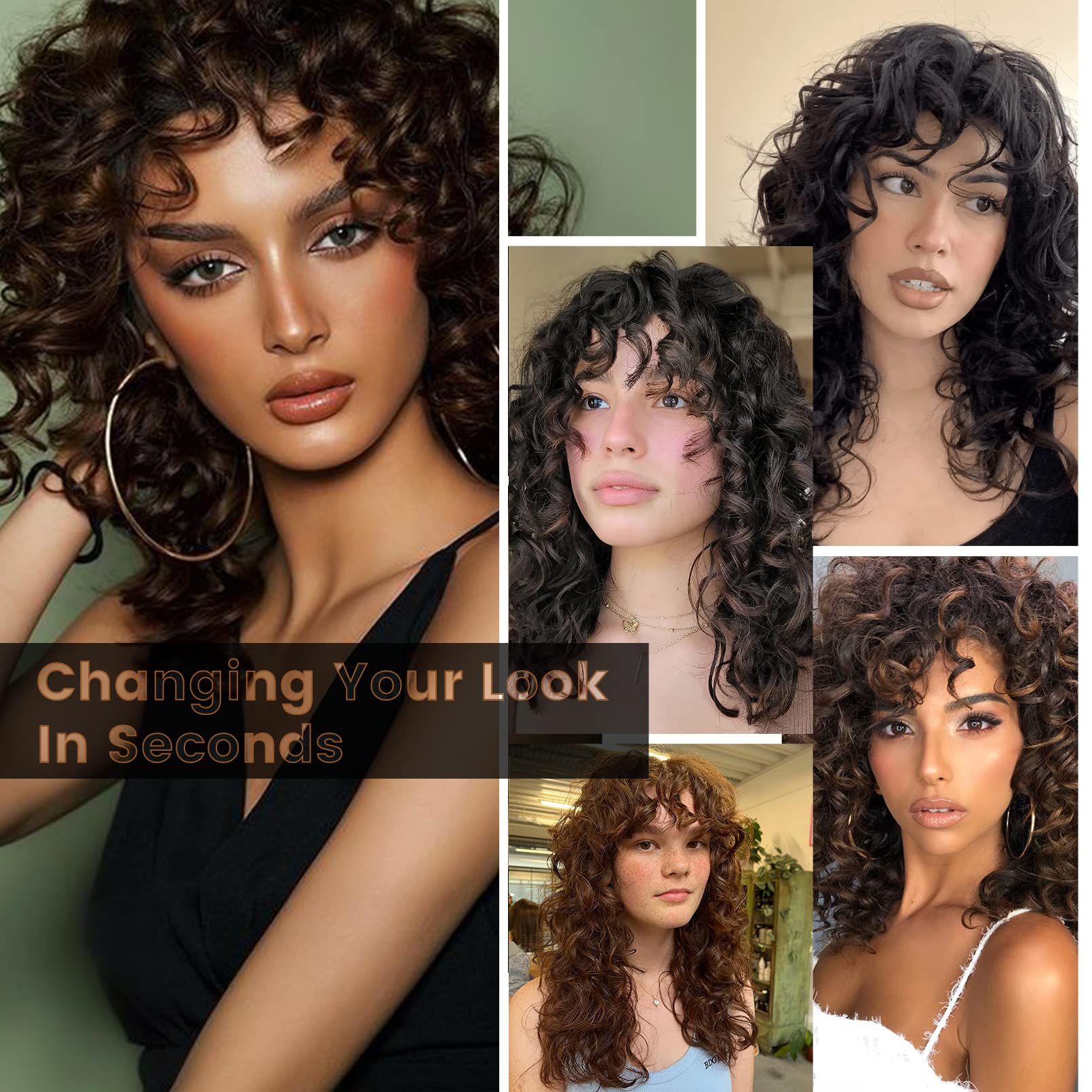 Curly Wig With Bangs For Women Flufymooz Natural Light Brown Long Curly Wig 21Inch Curls With Wispy Bangs Heat Resist Soft Synth