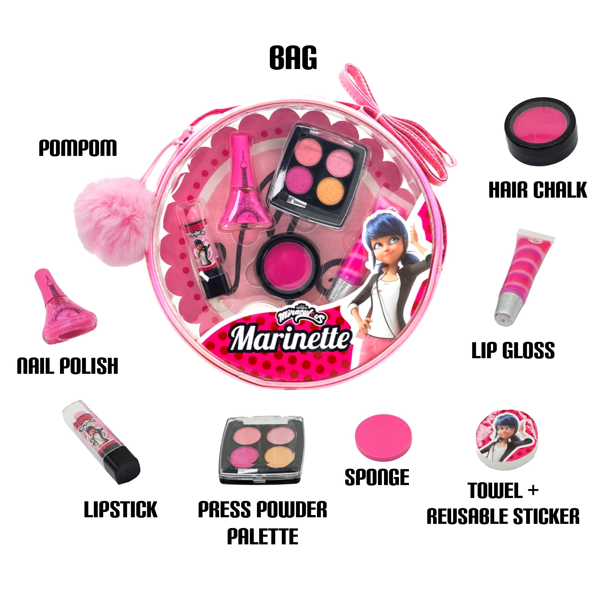 Miraculous Ladybug Kids Makeup Set - 10 Piece Bag with Nail Polish, Hair Chalk, Stickers & More, Curated Gift Sets - Safe, Non-T
