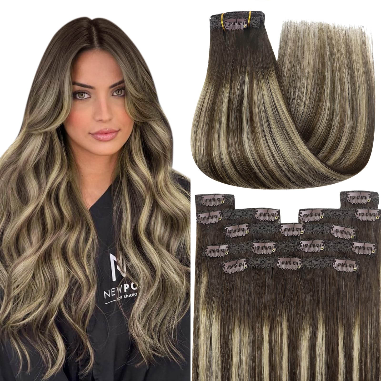 YoungSee Clip in Hair Extensions Human Hair Brown Balayage Clip on Hair Extensions Chocolate Brown with Ash Blonde Balayage Real