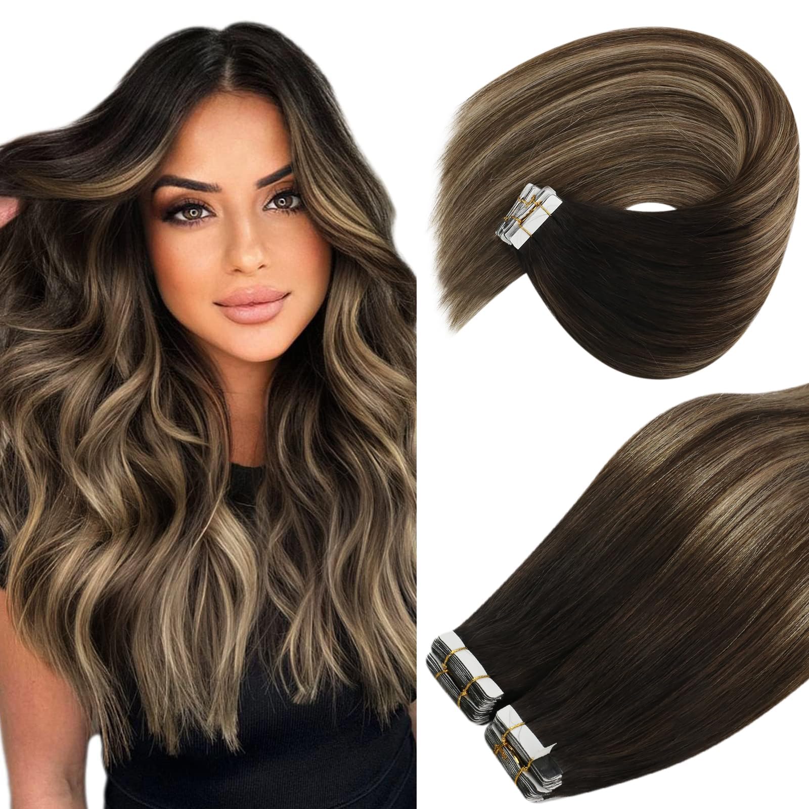 Ve Sunny Tape In Hair Extensions Real Human Hair Ombre Tape On Hair Extensions Natural Black Ombre Dark Brown Mix Ash Blonde Tap