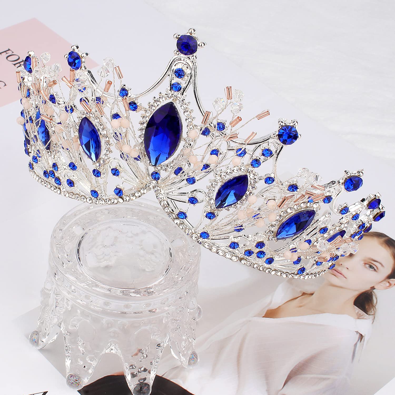 COCIDE Silver Tiara and Crown for Women Blue Gem Rhinestone Baroque Queen Headband for Girl Crystal Mermaid Princess Hair Access