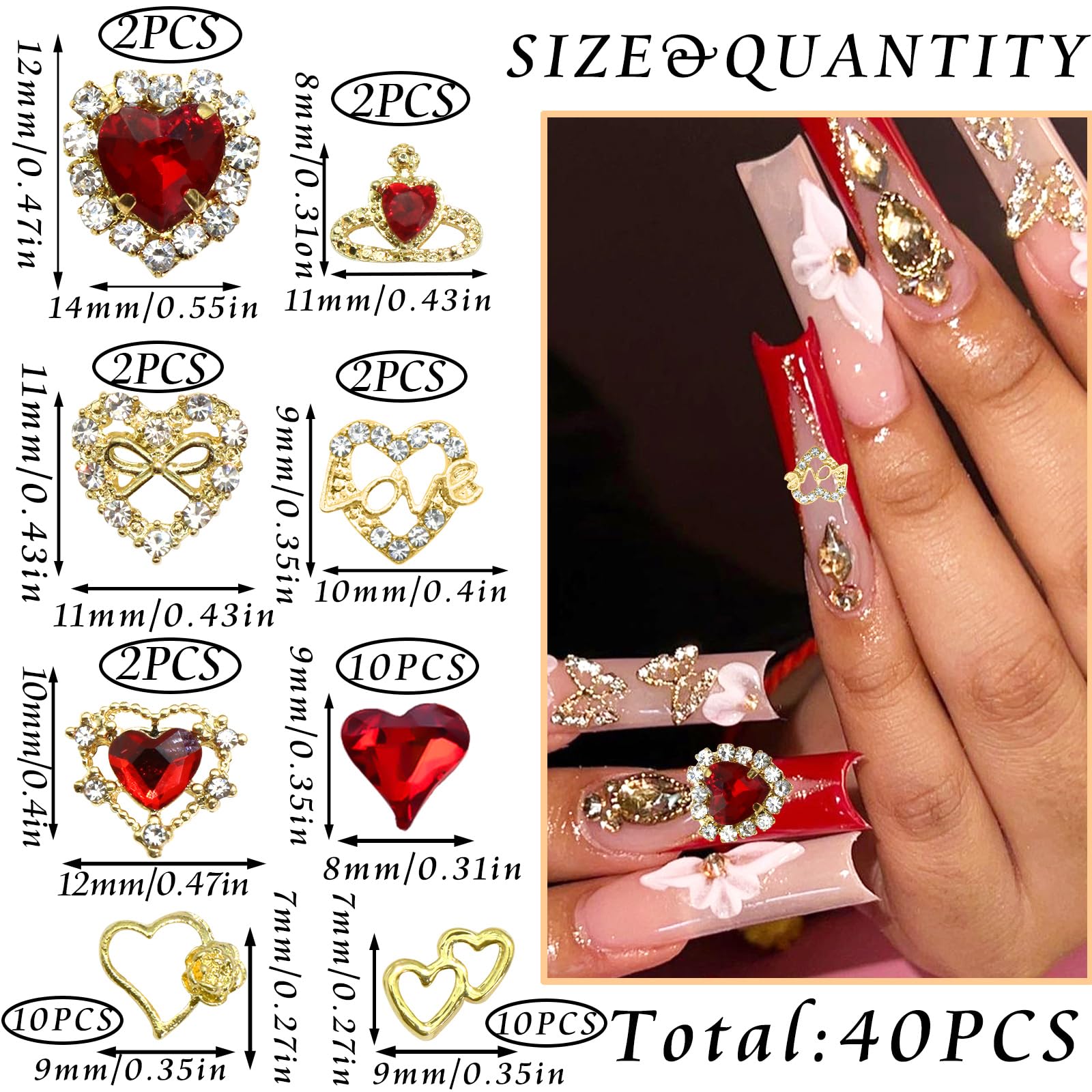 Rodaky 40Pcs Heart Nail Charms Valentine'S Day Nail Art Jewelry Red Crystal Rhinestone Nail Gems Metal Heart Charms For Acrylic