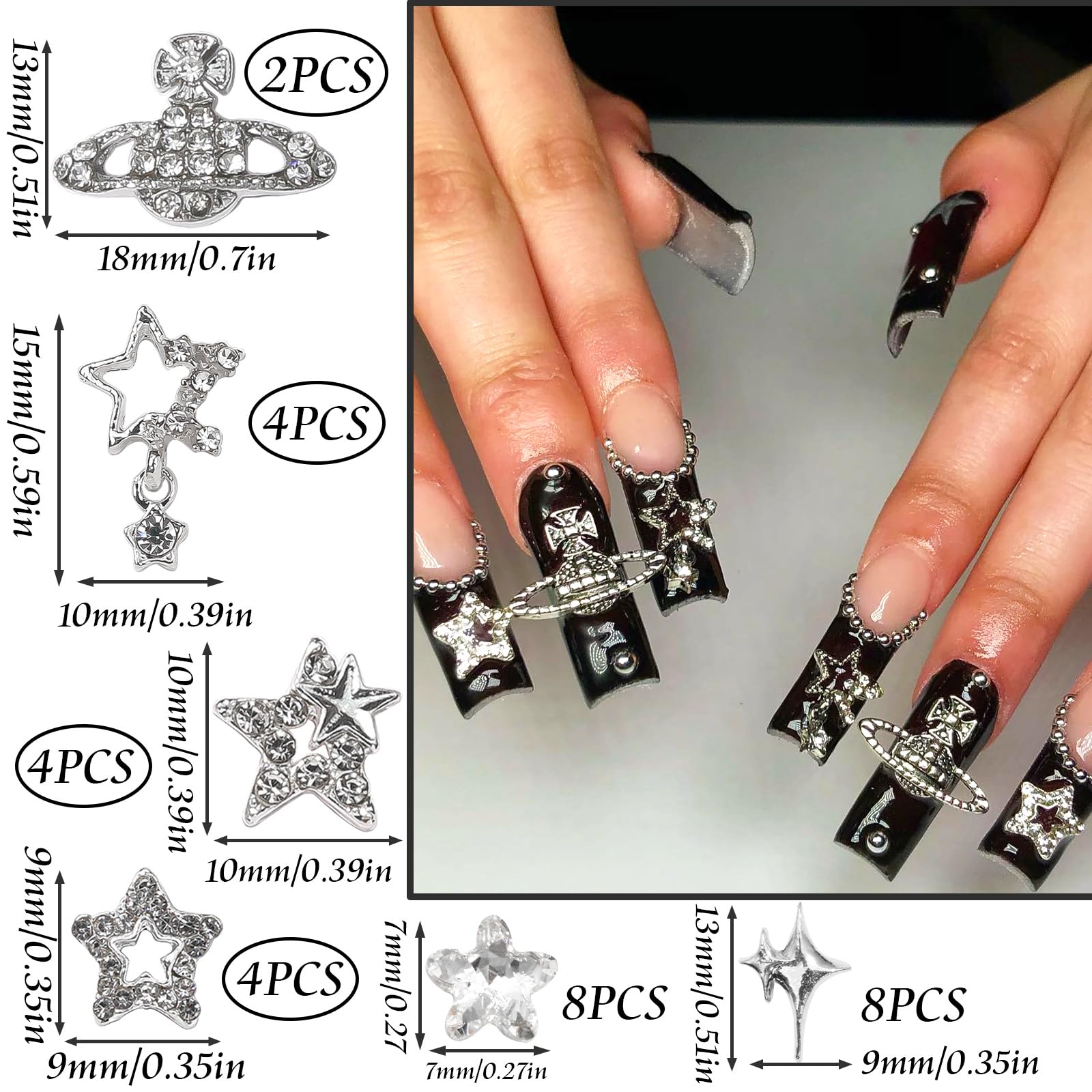 Rodaky 30Pcs Star Nail Charms Silver 3D Planet Nail Art Charms Rhinestone Shiny Starlight Nail Jewelry Gems Y2K Charms For Acryl