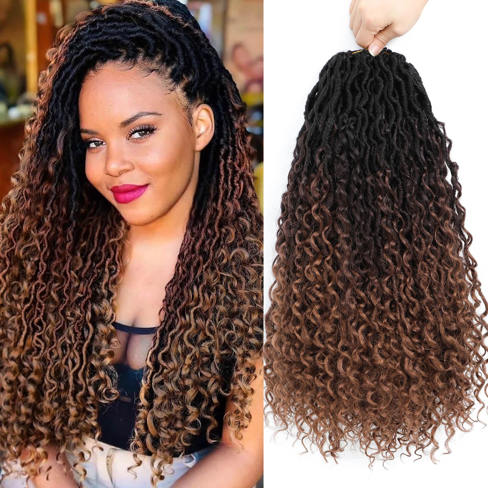 Col Bling Goddess Locs Crochet Hair 18 Inch 8 Packs Ombre Faux Locs Crochet Hair for Women Pre Looped Crochet Boho Goddess Faux 