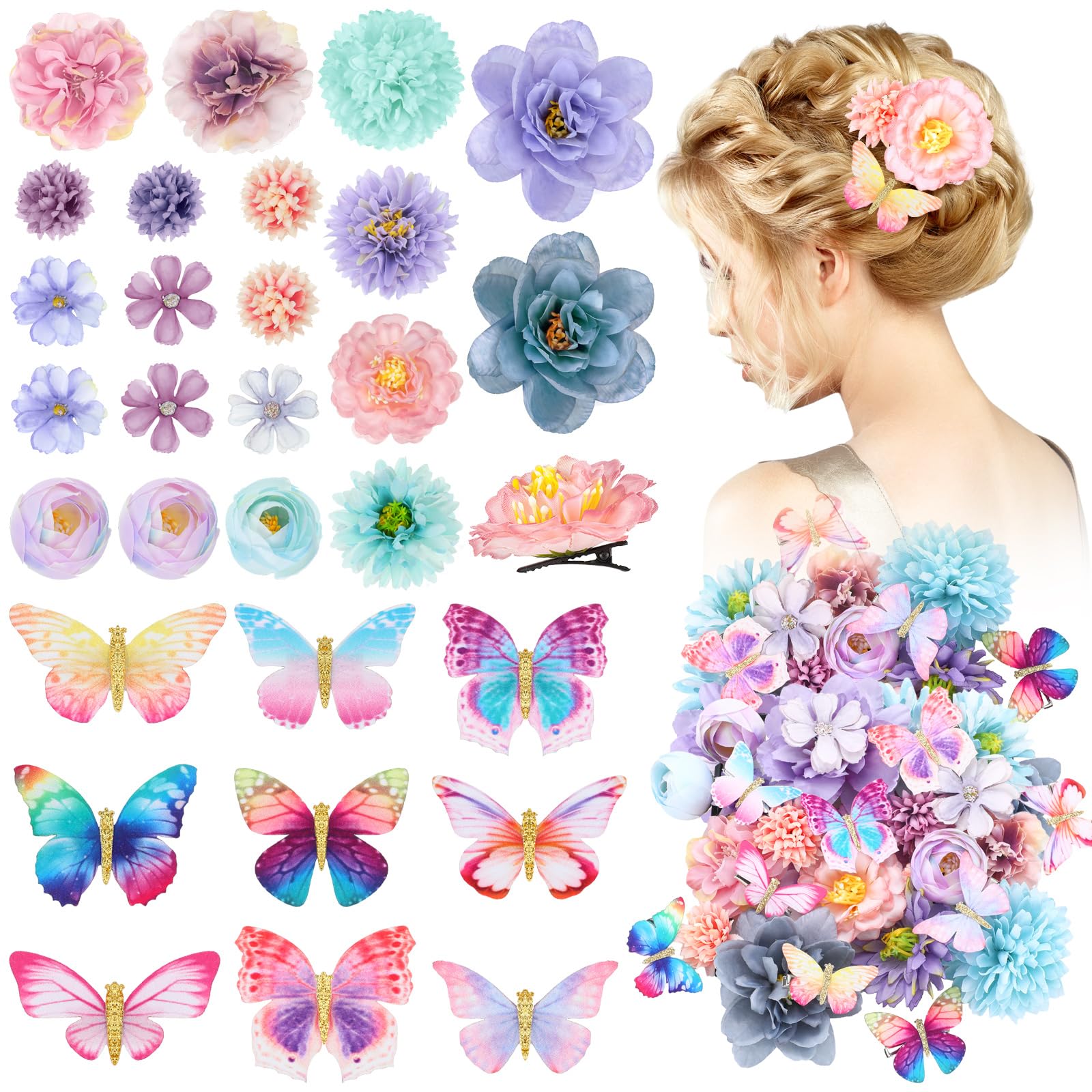 Bencailor 30 Pieces Flower Butterfly Hair Clips Handmade Flower Hair Clips Realistic Flower Hair Accessories Colorful Barrettes 