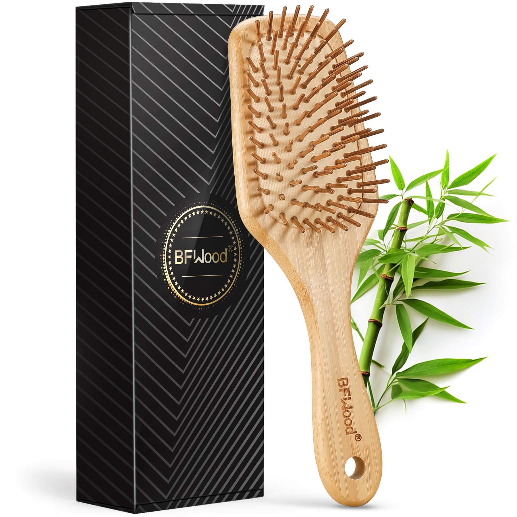 BFWood Bamboo Paddle Hairbrush - Massaging Scalp Brush, 1 Count, Wood Material, Pin Bristle Color