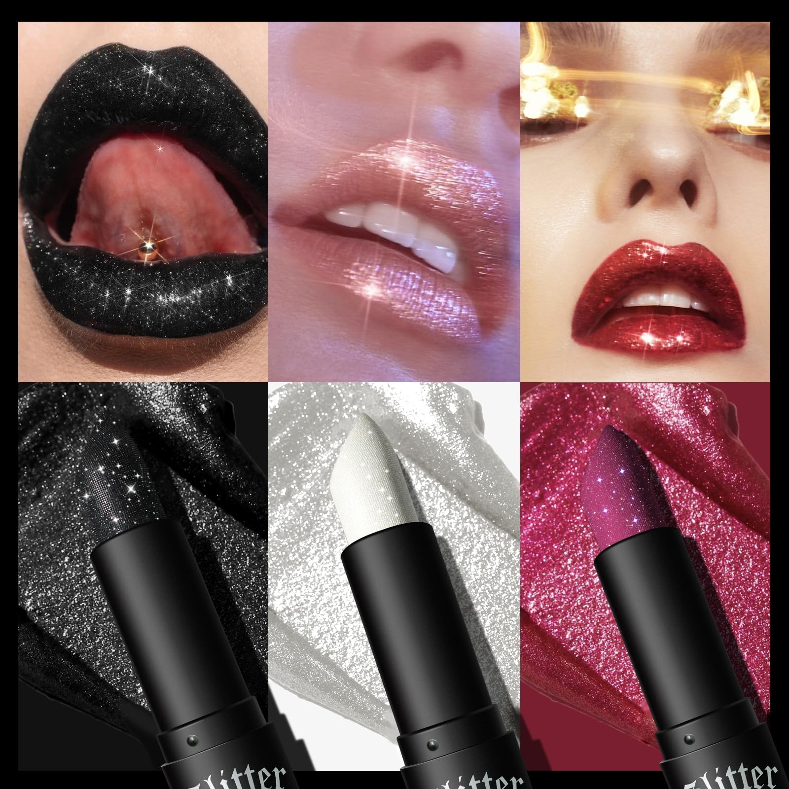 Diamond Lipstick Lip Gloss Long Lasting Waterproof Glitter Lipstick & Eyeshadow, High Shine Non-Stick Cup Matte Lipstick, Flash