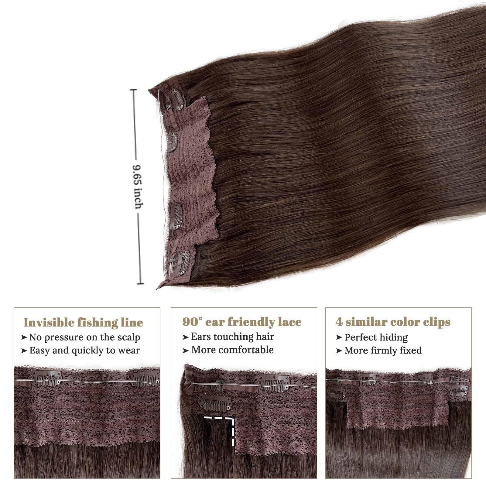 Halos Extensions Human Hair Dark Brown 20Inch 100G Silky Straight Invisible Wire Fish Line Remy Human Hair Halos Extensions Remy