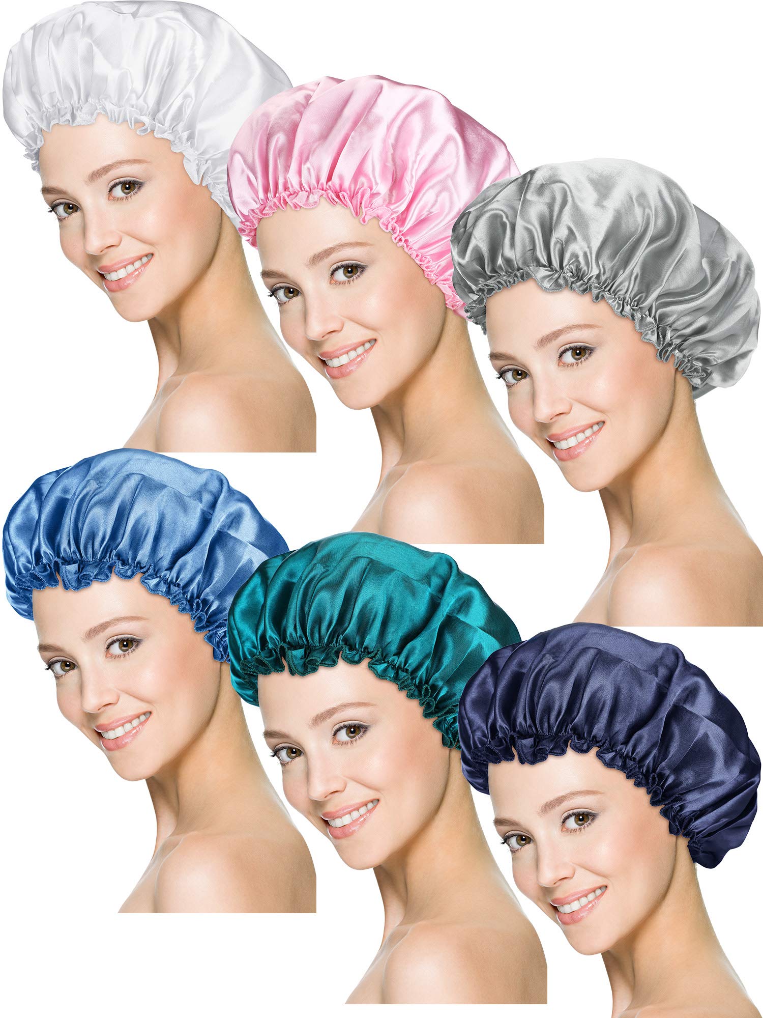 Syhood 6 Pieces Sleep Cap Satin Bonnet Sleeping Hat Soft Elastic Night Hair Cover for Women(Navy Blue, Blue, Peacock Blue, Silve