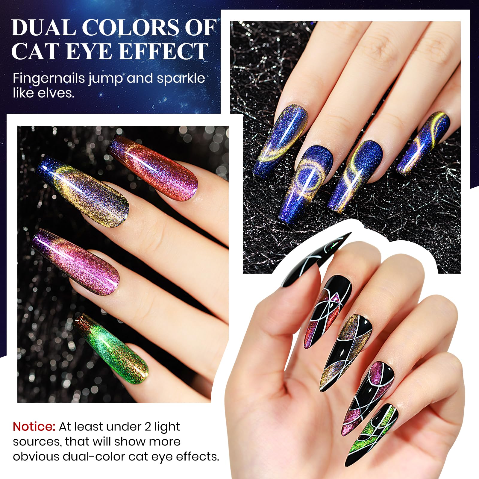 Mizhse 9D Cat Eye Gel Nail Polish Set, Magnetic Gel Polish 10 Ml 6 Colors With 2 Magnet Sticks, Chameleon Galaxy Shiny Magic Eff
