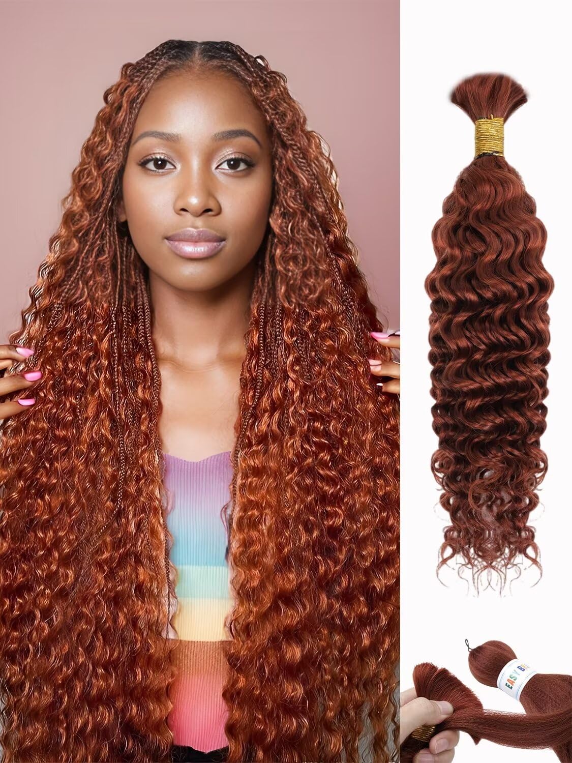 350 Braiding Hair 1 Bundle 50G 22 Inch Dark Ginger Braiding Hair Copper Braiding Hair Extensions Deep Water Wave Bulk Human Hair