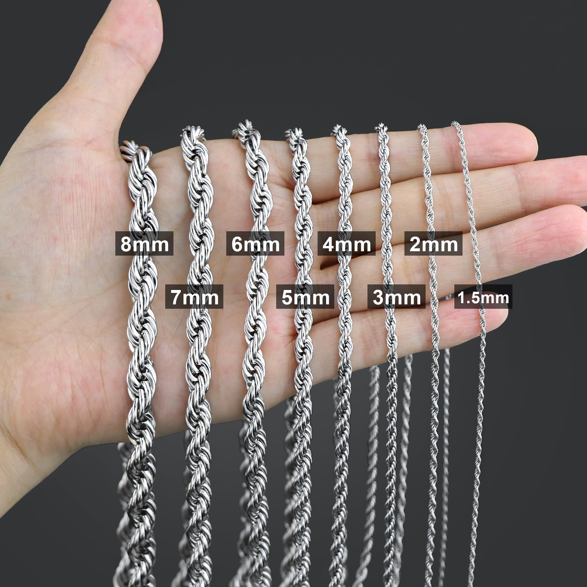 Giftall 3MM Rope Chain Necklace Stainless Steel Twist Rope Chain Necklace for Men Women 18 Inches