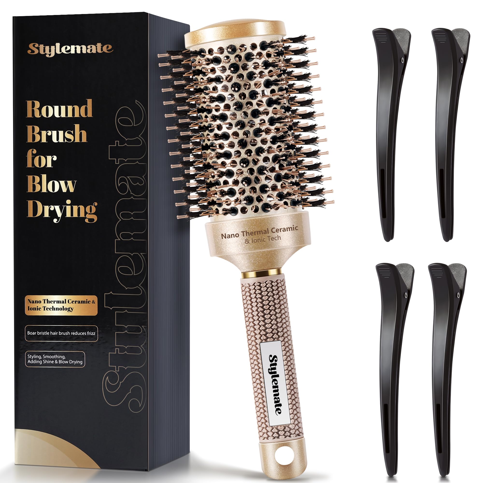 STYLEMATE Round Brush for Blow Out, Nano Thermal Ceramic & Ionic Tech, 2.1 Inch Barrel, Boar Bristles, Roller Brush for Blow Dry