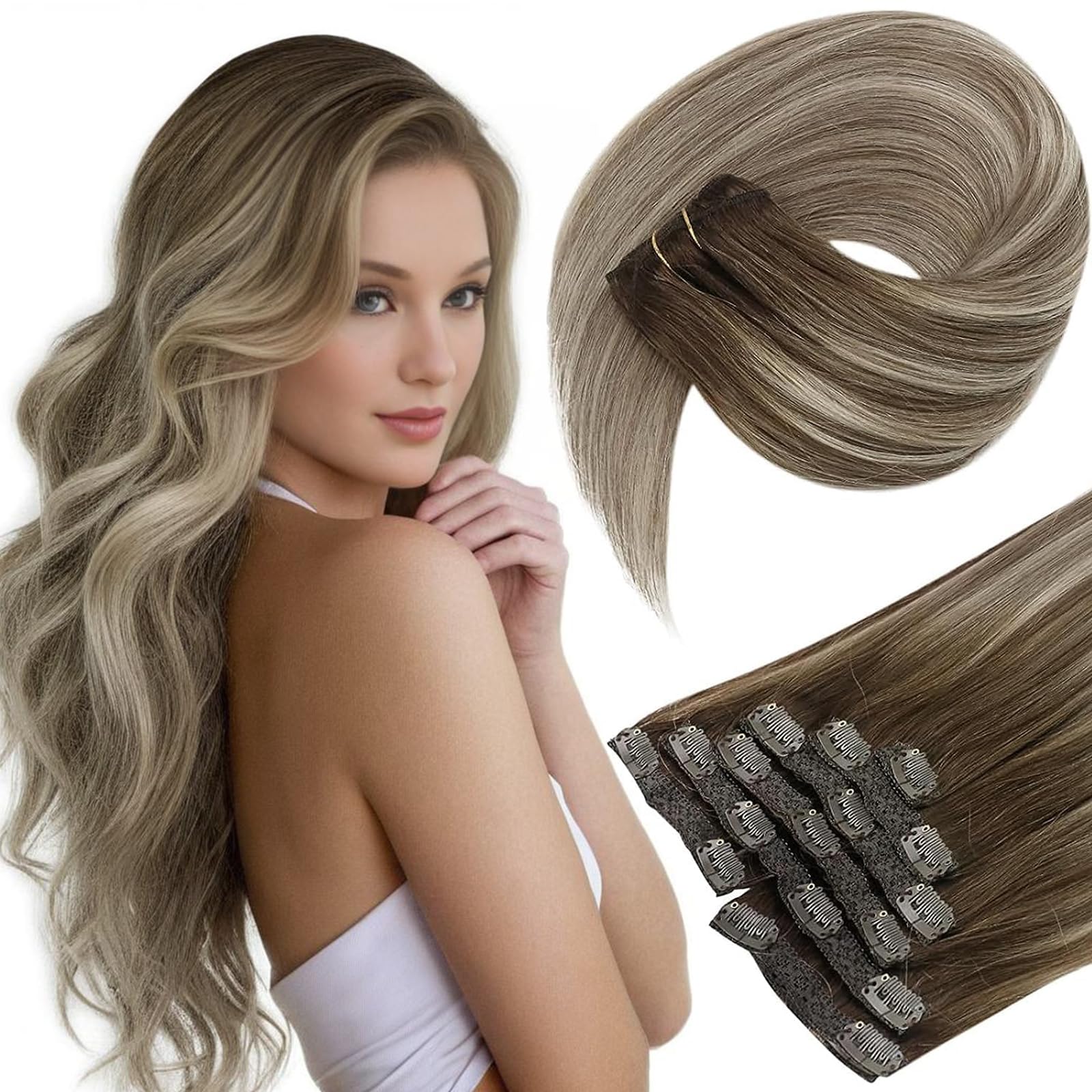 Sunny Long Human Hair Clip in Extensions Brown Real Hair Clip Extensions Dark Brown Ombre Light Brown with Blonde Clip in Extens