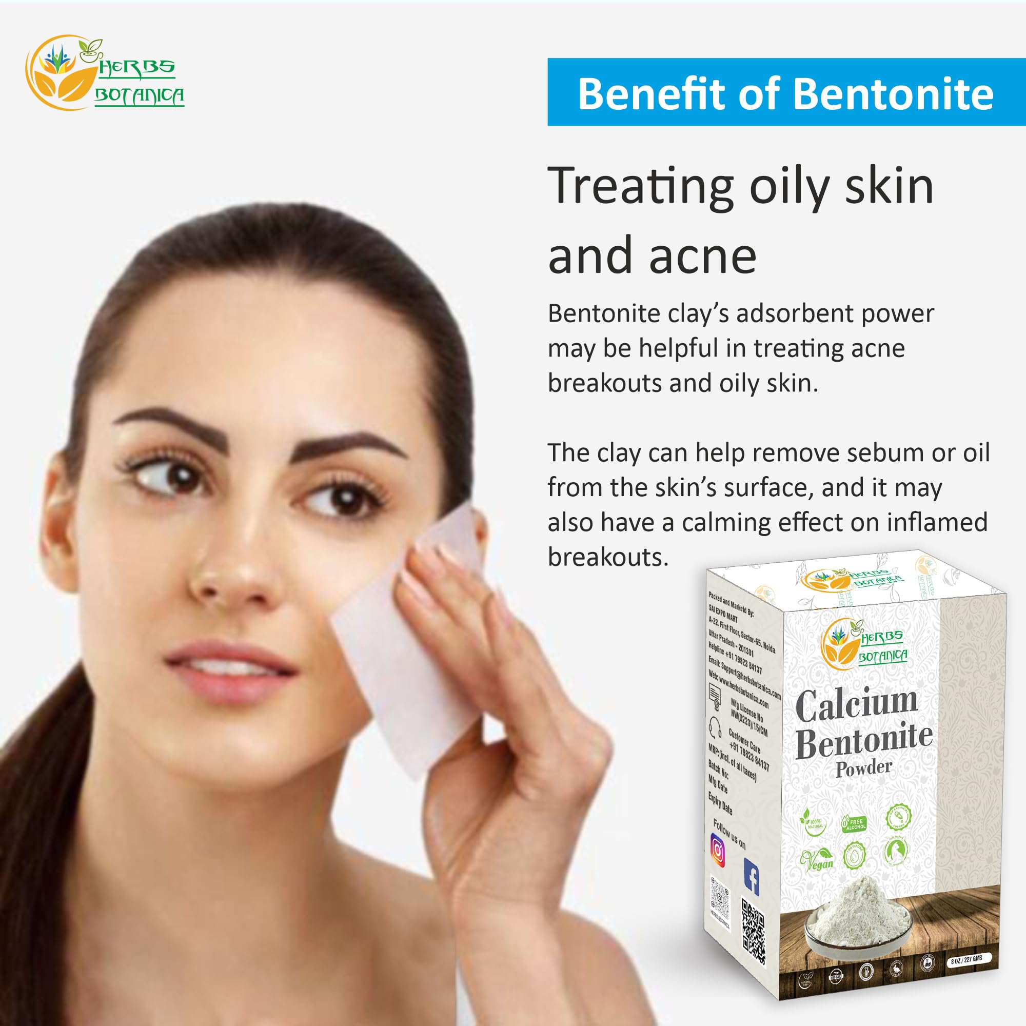 Herbs Botanica Calcium Bentonite Clay Food Grade Powder Indian Healing Clay For Face And Body, Detox Body Wrap, Deep Pore Cleans