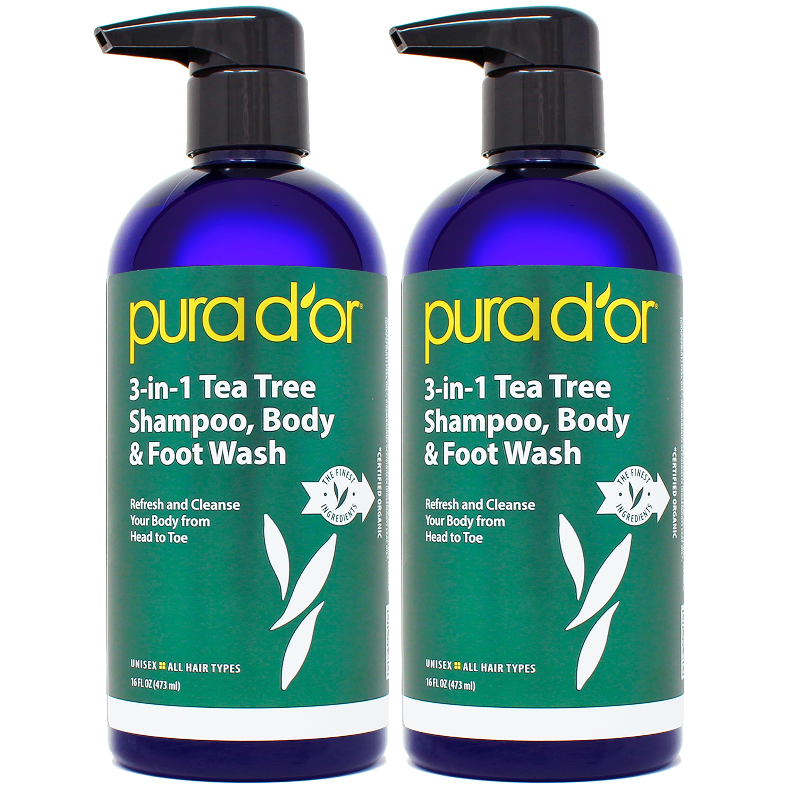 PURA D'OR 3-in-1 Tea Tree Shampoo, Body & Foot Wash, Shampoo (16oz x2 = 32oz) Total Body Care - Foot Odor & Daily Hygiene, Clean