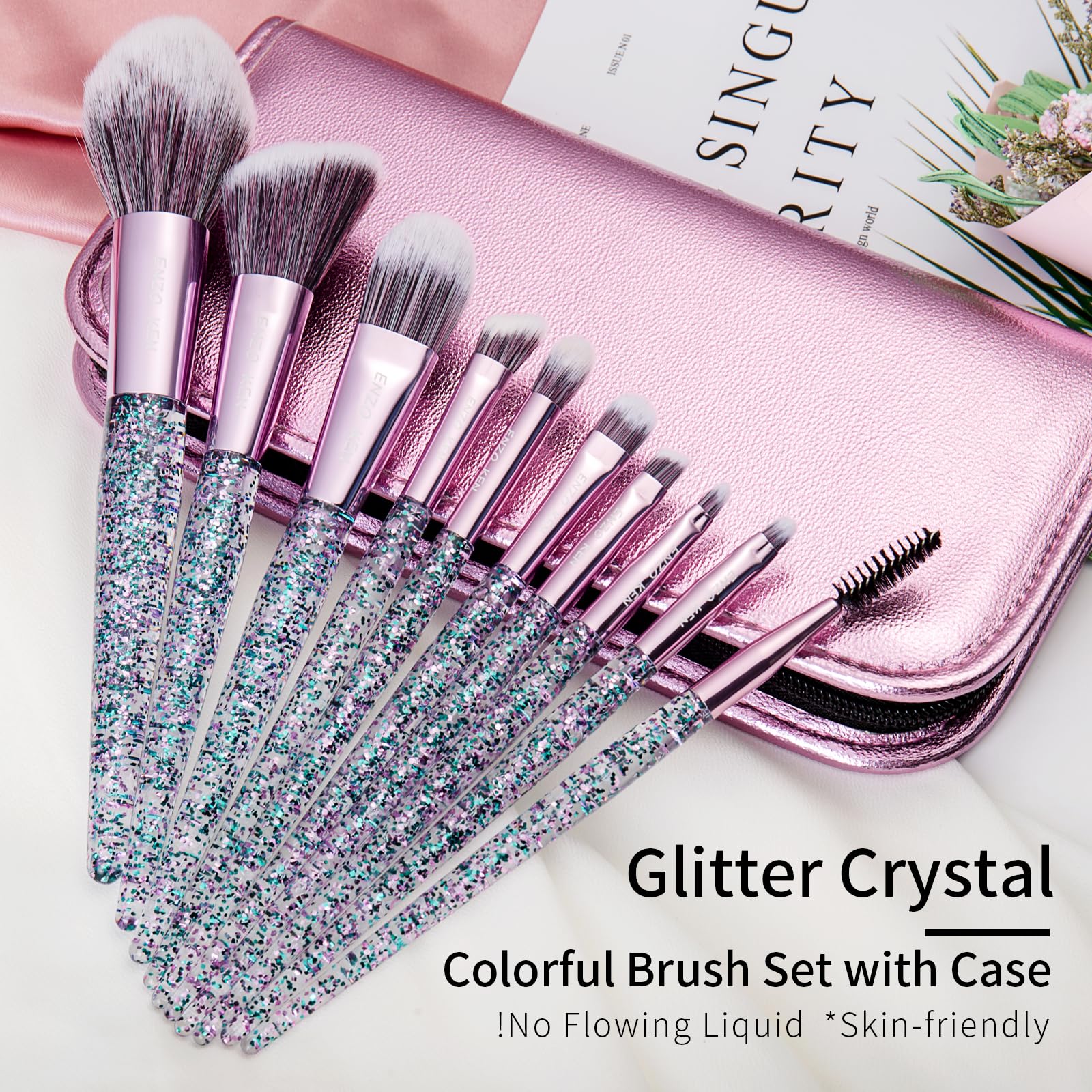 ENZO KEN Glitter Makeup Brushes Set with Case, Vegan Makeup Brush Set Professional, Colorful Cosmetic Brushes Makeup Set, Make u