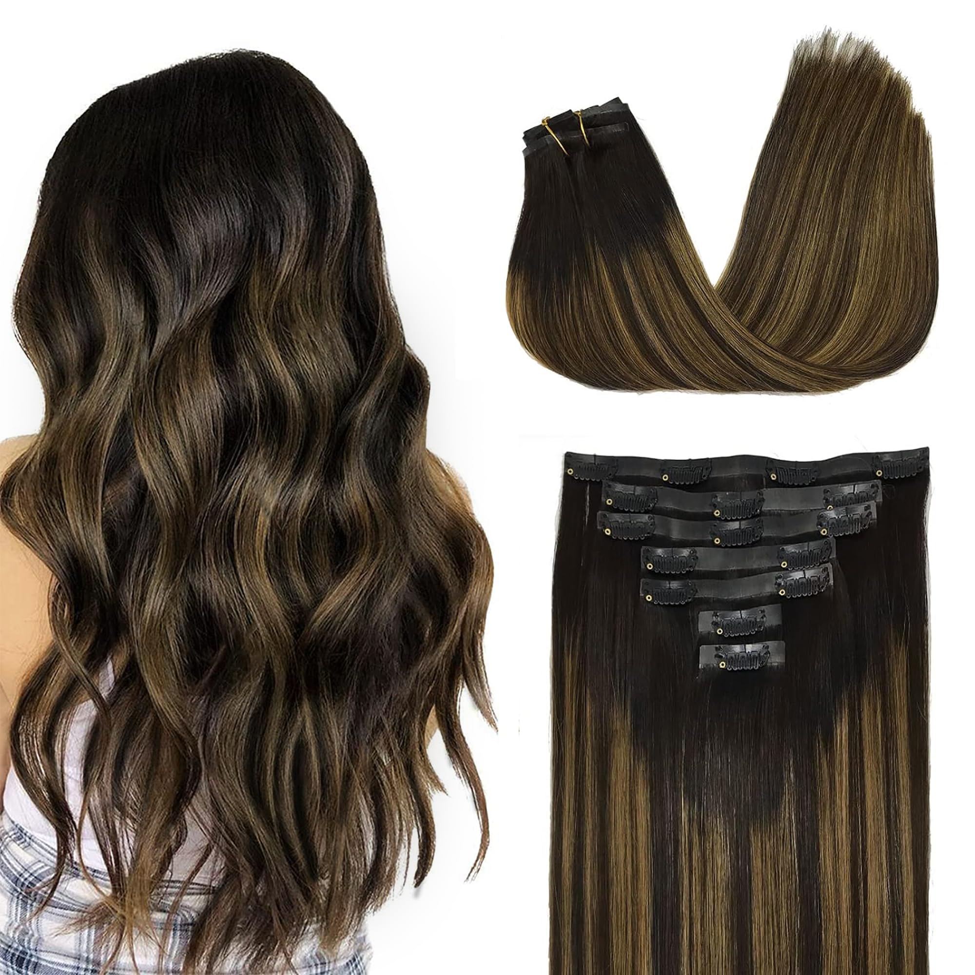 GOO GOO Clip in Hair Extensions Real Human Hair, 20inch 150g 7Pcs, 1B/6/1B Balayage Natural Black to Chestnut Brown, Remy Human 