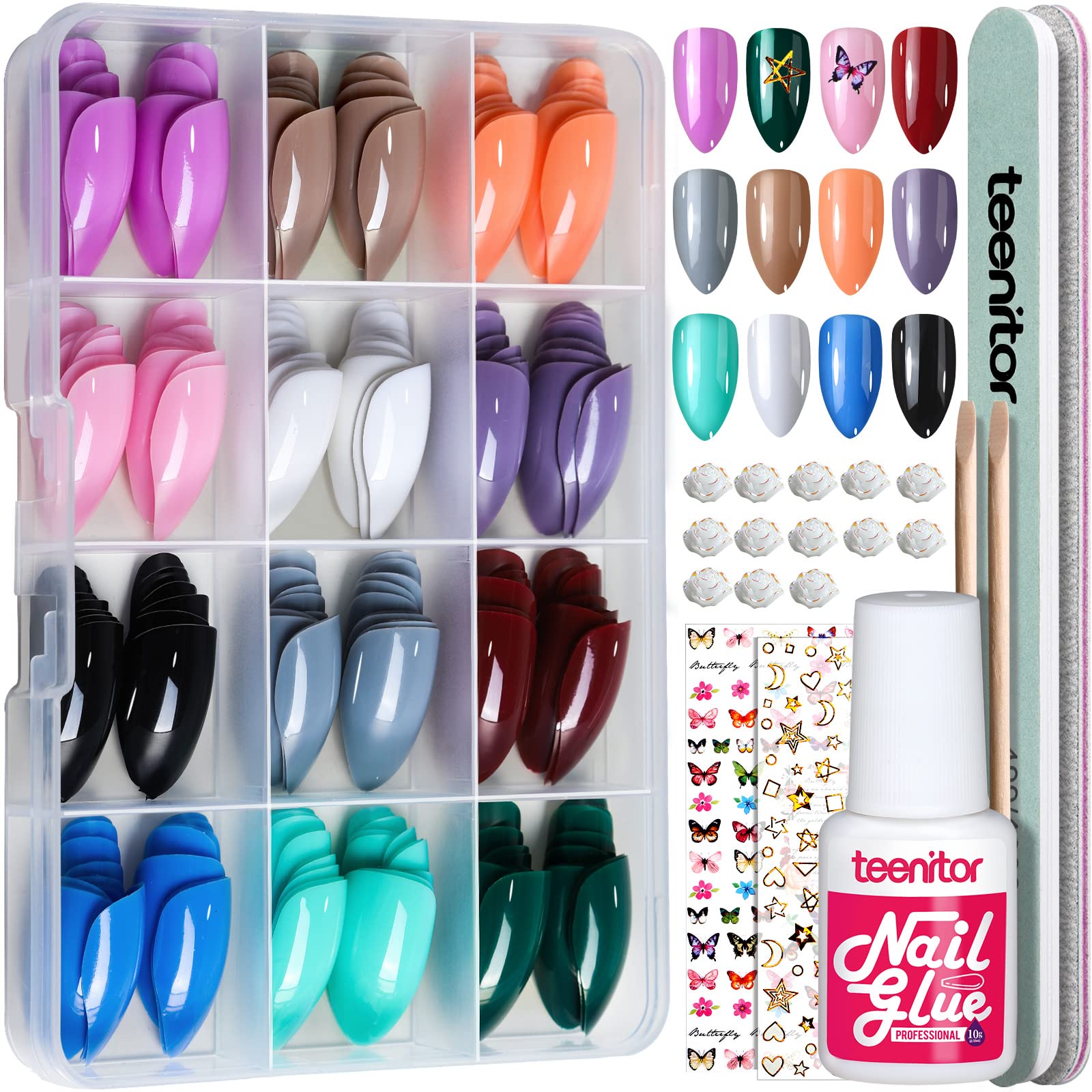 Teenitor 12 Colors Almond Press On Nails Short Length, Almond Shaped Press On Nails With Glue, Press On Nails Medium Almond, Alm