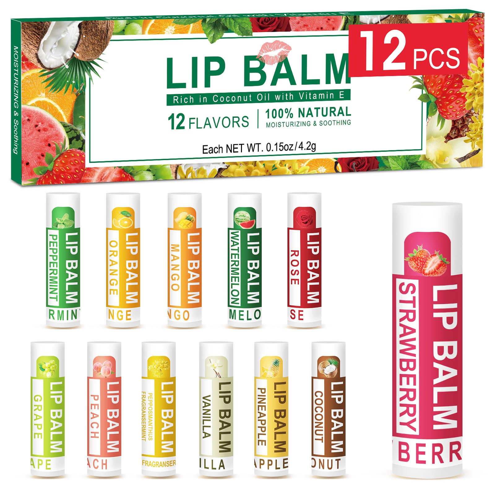 DMSKY 12 Pack Lip Balm, Natural Lip Balm Bulk with Vitamin E and Coconut Oil, Moisturizing Lip Balm for Dry Cracked Lips, Lip Ba