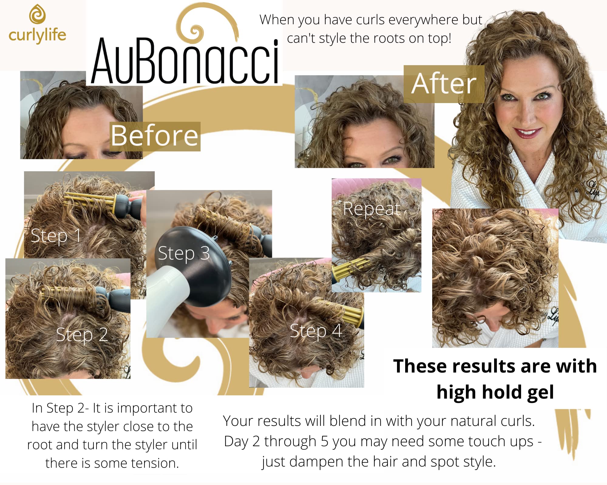CURLYLIFE AuBonacci Styler for Curly Hair - Adds Volume & Direction, 1 Count, Black Handle with Gold Pins