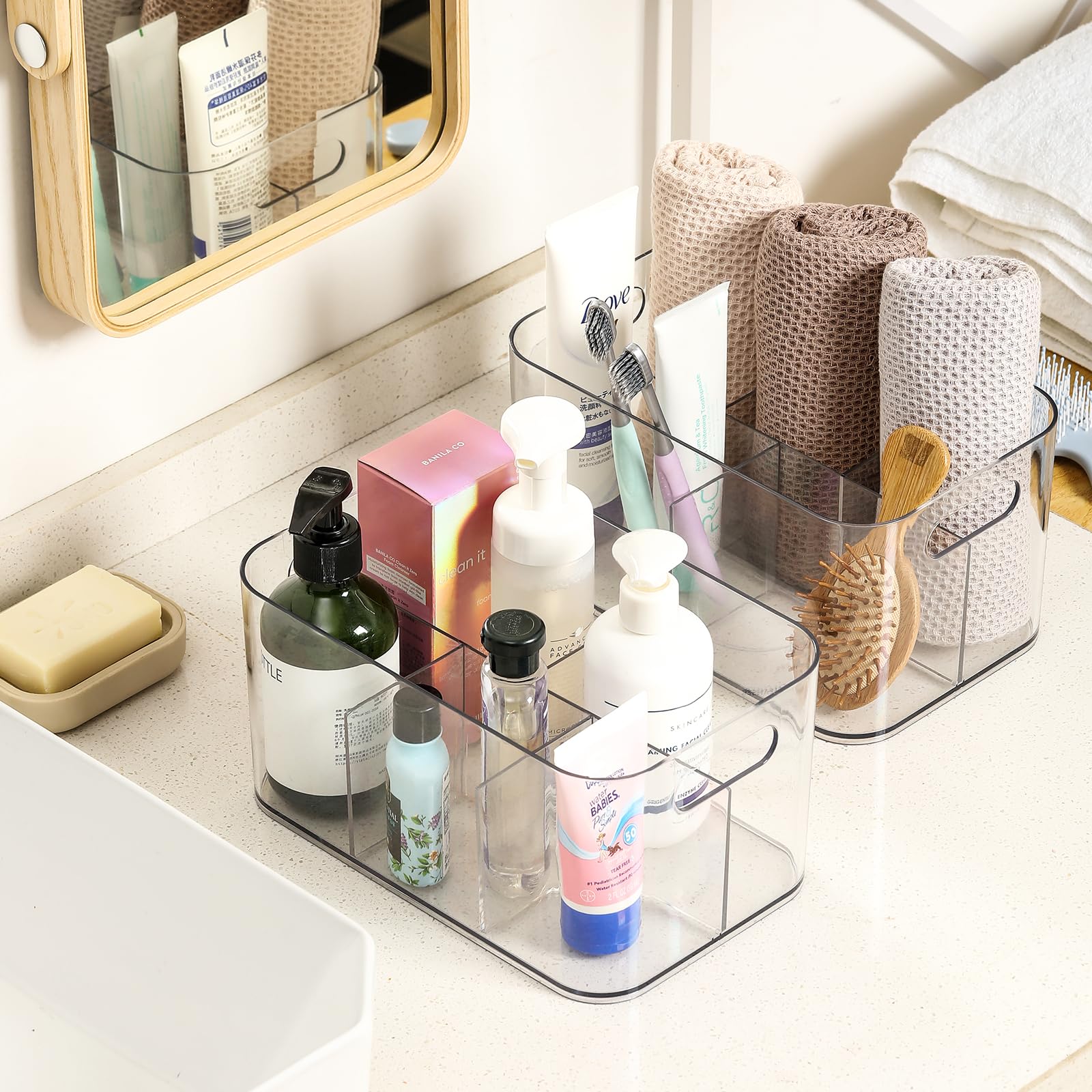 2 Pack, 5-Compartment Clear Plastic Bin - Divided Art Supplies, Cosmetic Makeup Caddy Organizer - Multiuse Storage Container For