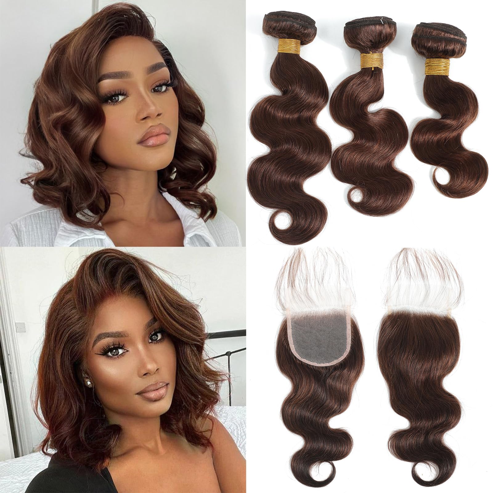 Kapelli Hair Brazilian Body Wave Bundles with Closure (12 14 16+12) 10A Light Brown Body Wave Human Hair Bundles with Lace Closu