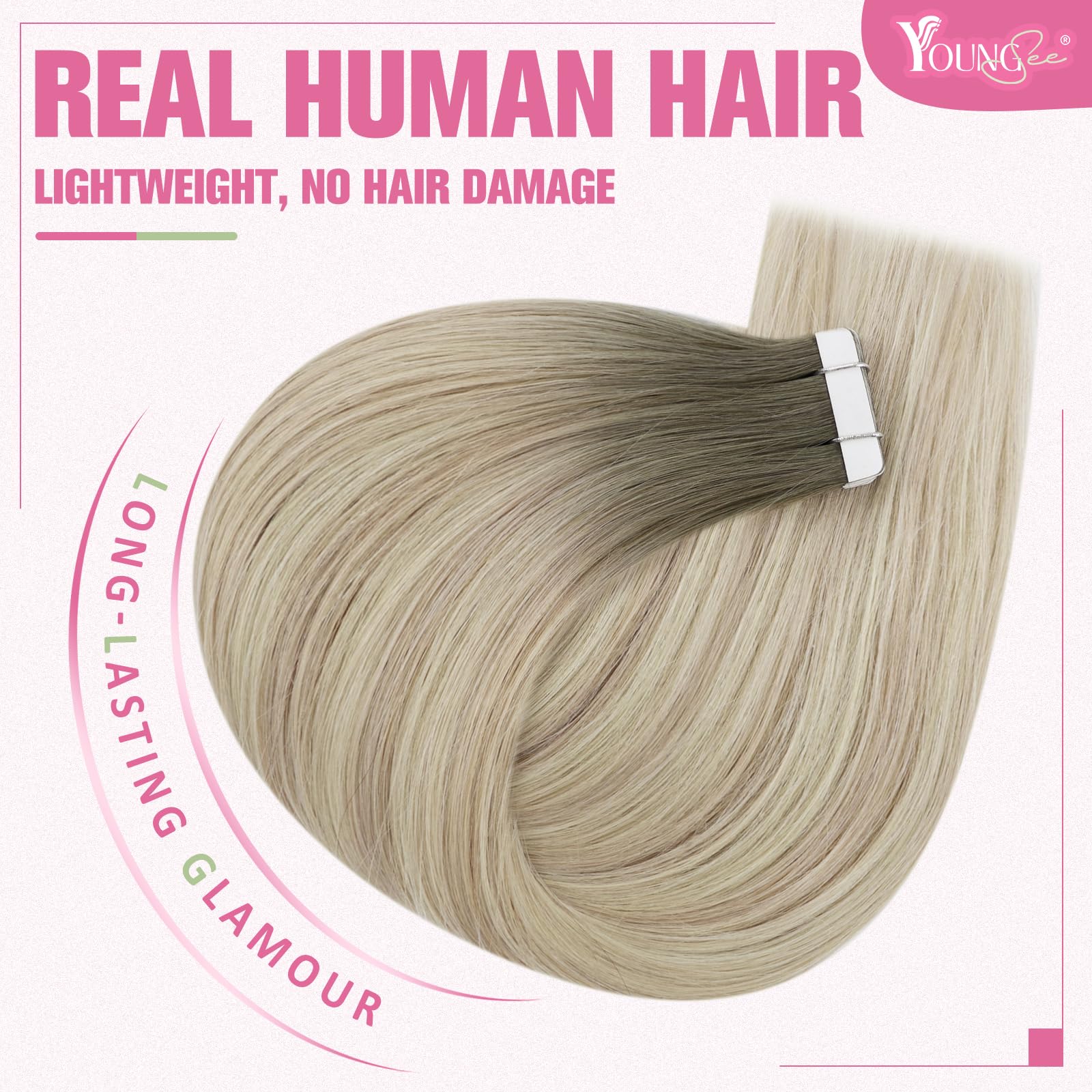 YoungSee Tape in Hair Extensions Human Hair Balayage Ash Blonde with Platinum Blonde Tape in Human Hair Extensions Ombre Tape in