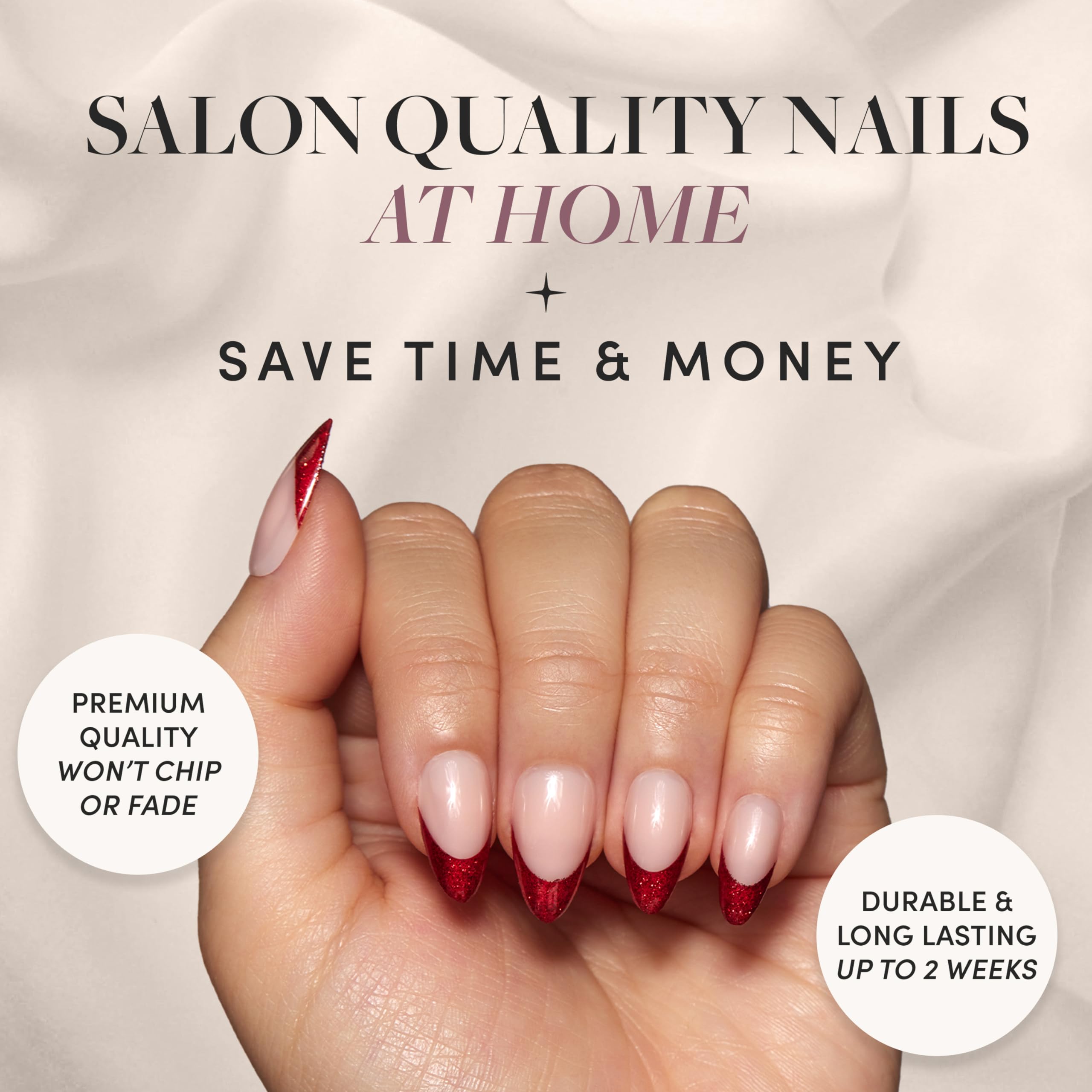 Glamnetic Press On Nails - Red Affair | Short Almond Red Glitter French Tip Nails With A Glossy Finish | 15 Sizes - 30 Nail Kit