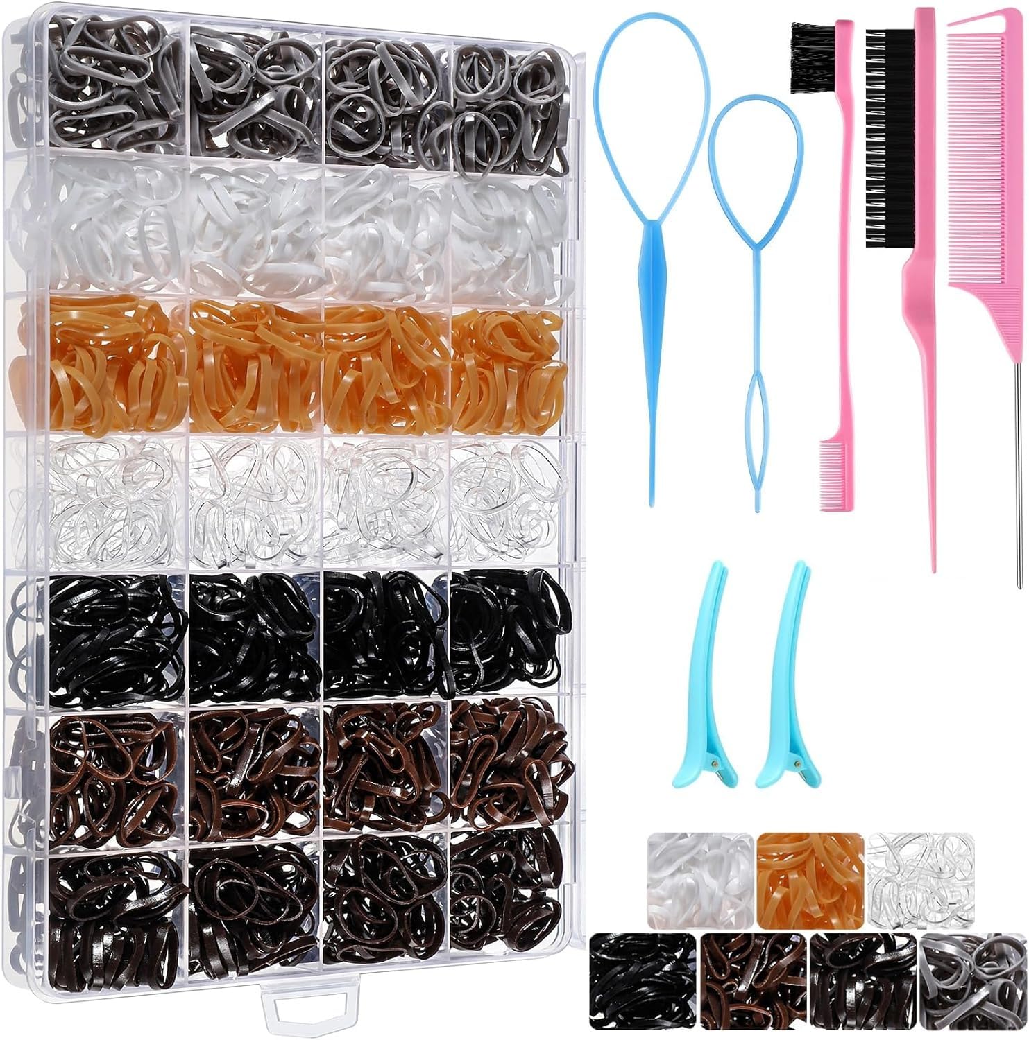 Neutral Colors Rubber Bands with Hair Styling Tools, 1500 Pcs Elastic Ties for Baby, Toddler Hair Accessories, Gift Stocking Stu