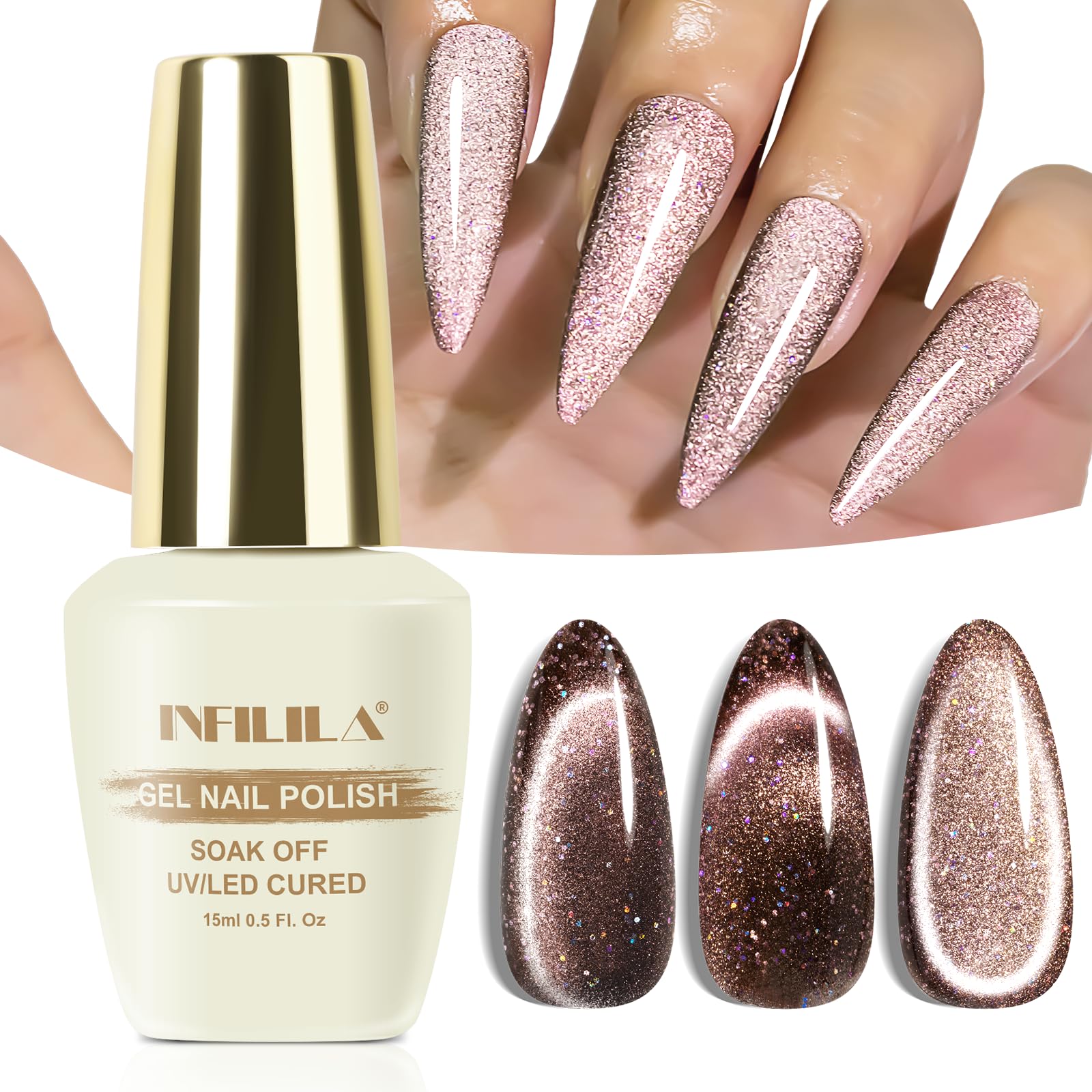 Nxj Infilila Cat Eye Gel Nail Polish,15Ml Holographic Cat Eye Gel Polish, Gold Glitter Cat Eye Polish Magnetic Reflective Hema F