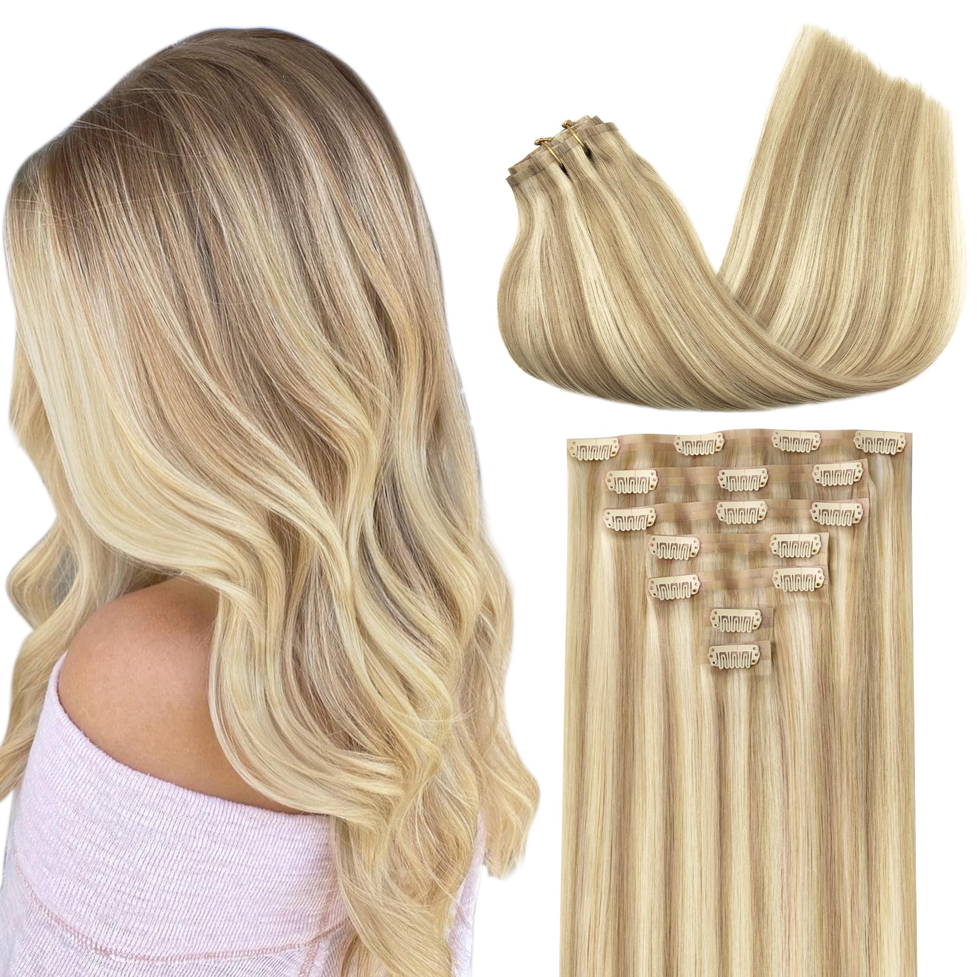 GOO GOO Clip in Hair Extensions Real Human Hair, 14inch 110g 7Pcs, 18A/613A Dark Blonde Highlighted Bleach Blonde, Remy Human Ha