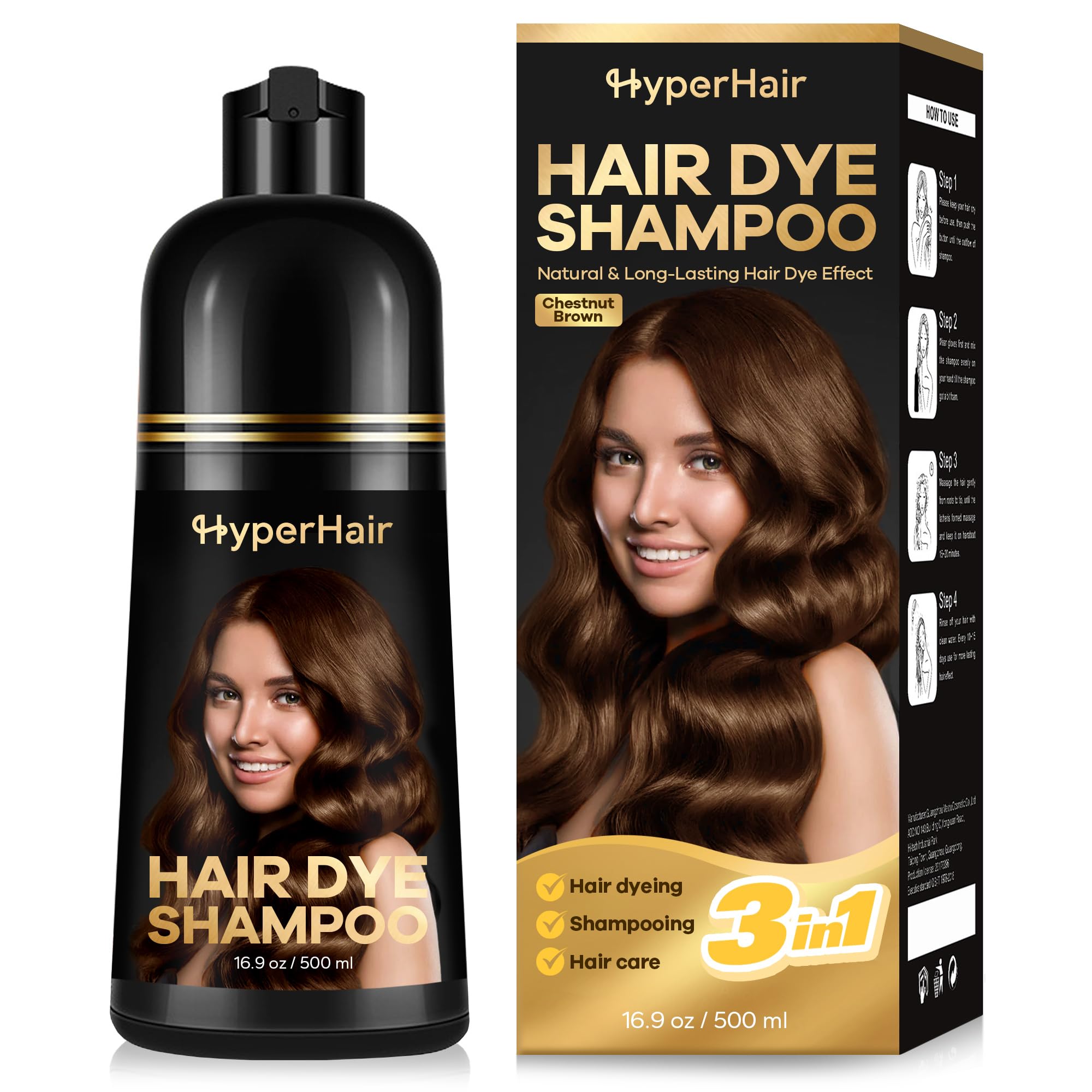 HyperHair Chestnut Brown Hair Dye Shampoo, Shampoo for Color Treated Hair, Hair Dye for Covering Gray Hair, Shampoo for Gray Hai