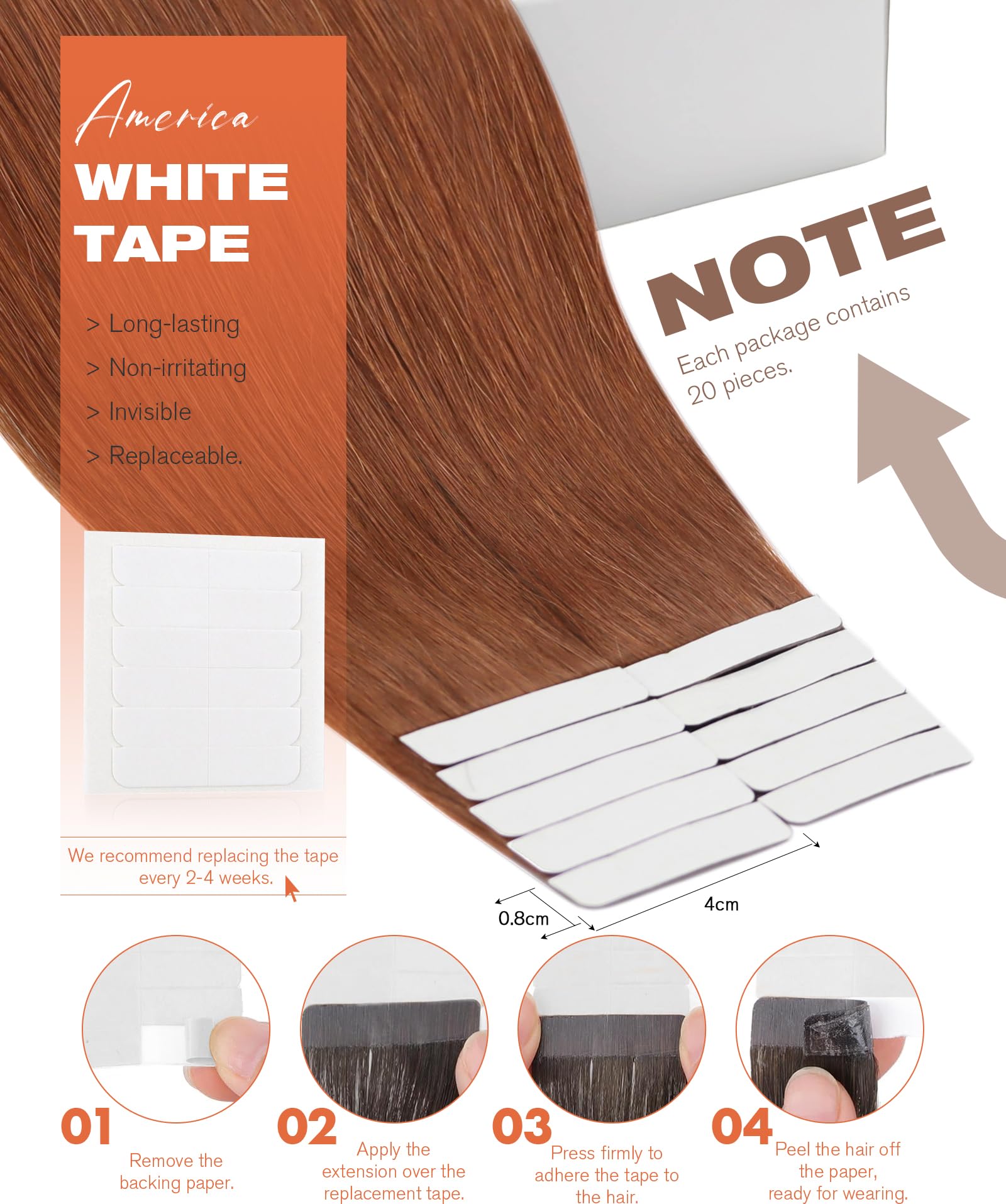Sunny Hair Tape in Hair Extensions Real Human Hair Invisible Remy Hair Extensions Tape ins for Women Copper Red 20 inch 20Pcs 50