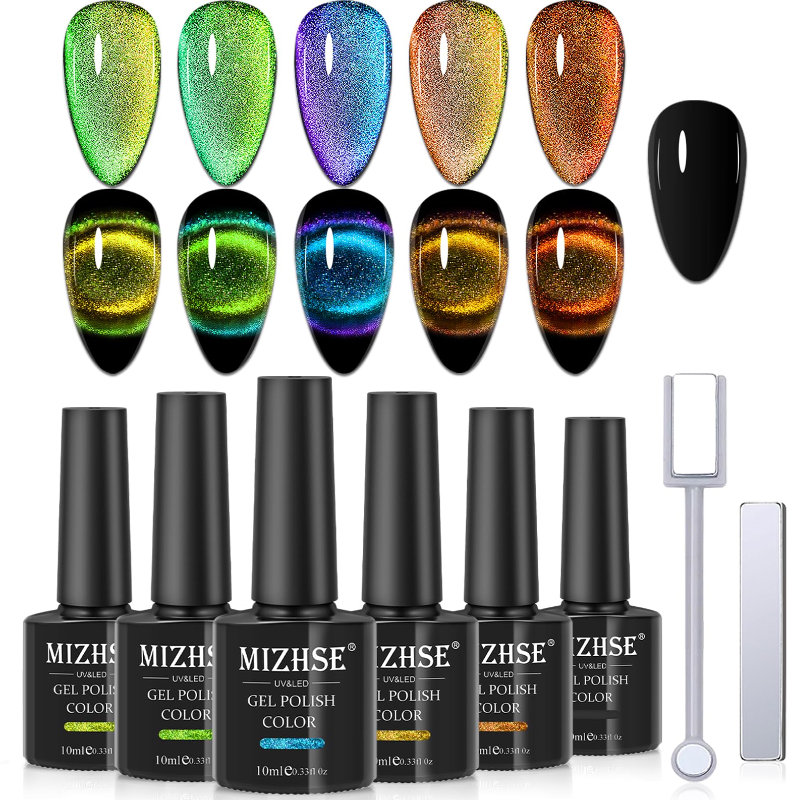 Mizhse 9D Cat Eye Gel Nail Polish, Magnetic Gel Polish Set 10 Ml 6 Colors With 2 Magnets, Chameleon Magic Galaxy Effect Nail Pol