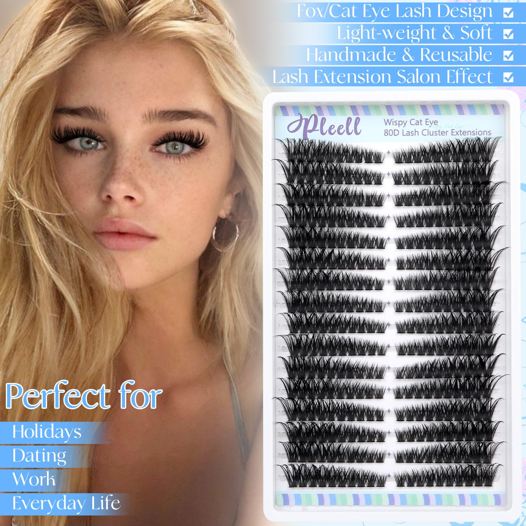Pleell Lash Clusters 320 Pcs Individual Lashes Clusters 7-16 Mm Cat Eye Wispy Eyelash Clusters D Curl 80D Cluster Eyelash Extens