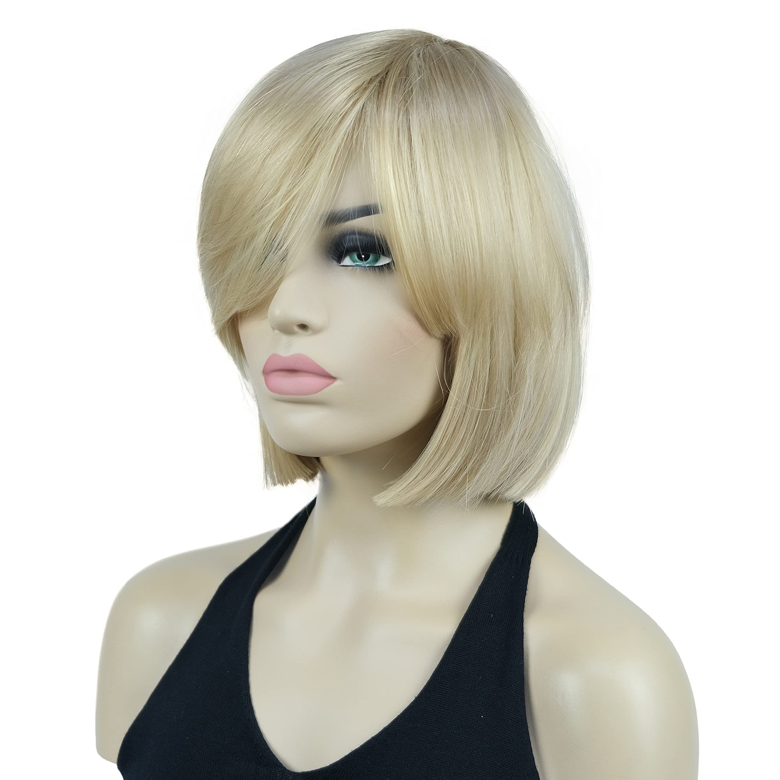 Lydell 8'' Straight Short Wigs Bob Hair With Bangs Cute Central Dot Top Heat Resistant Synthetic Wigs (26 Bright Golden Blonde)