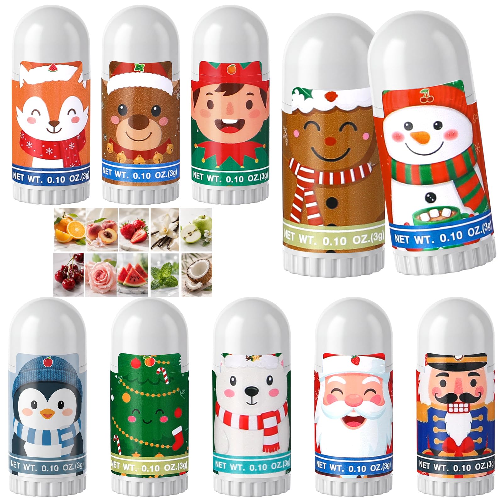 Batiyeer 10 Pack Christmas Mini Lip Balm Gift Bulk Lip Balm with Vitamin E and Coconut Oil Moisturizing Nourishing Dry Cracked L
