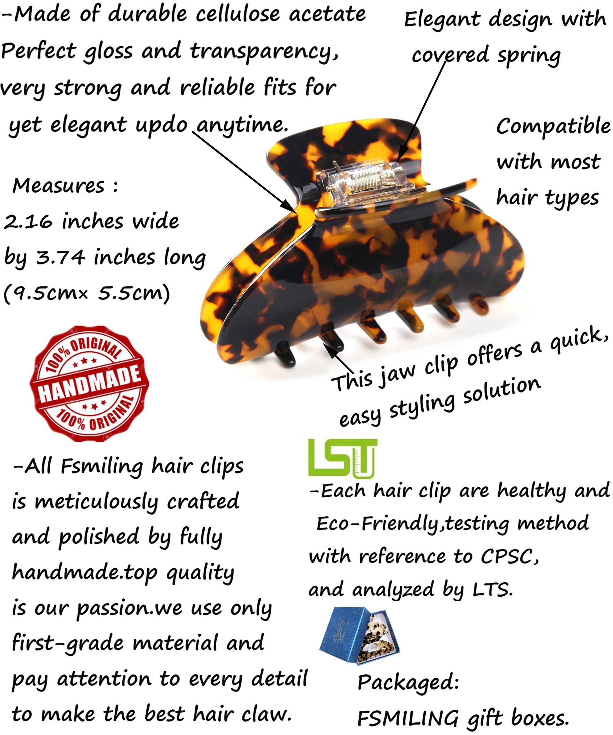 Fsmiling 2 Pack Large Tortoise Shell Hair Claw Clips, Nonslip Cellulose Acetate for Thick Hair, Model DF-232